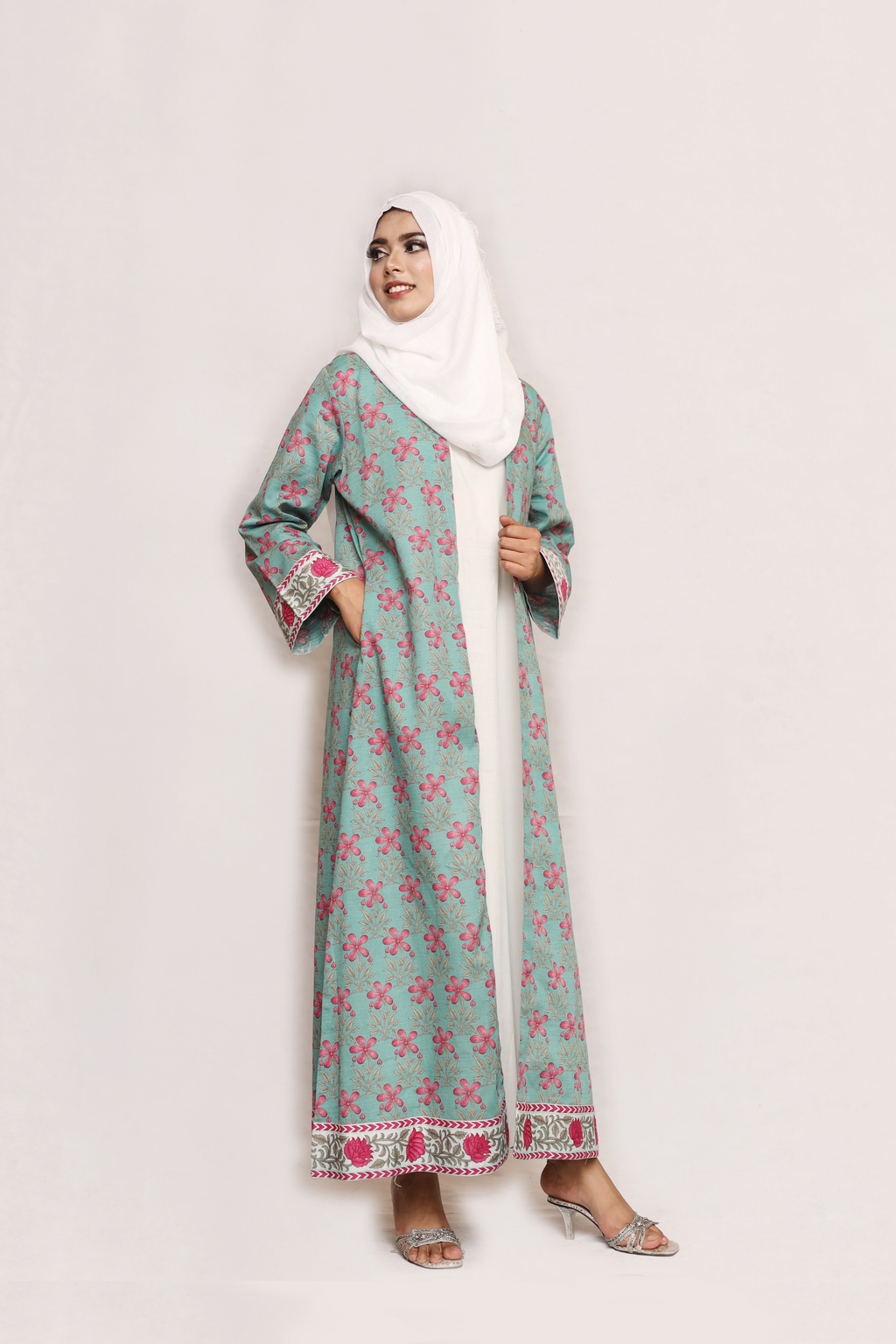 Printed Open Abaya -Teal