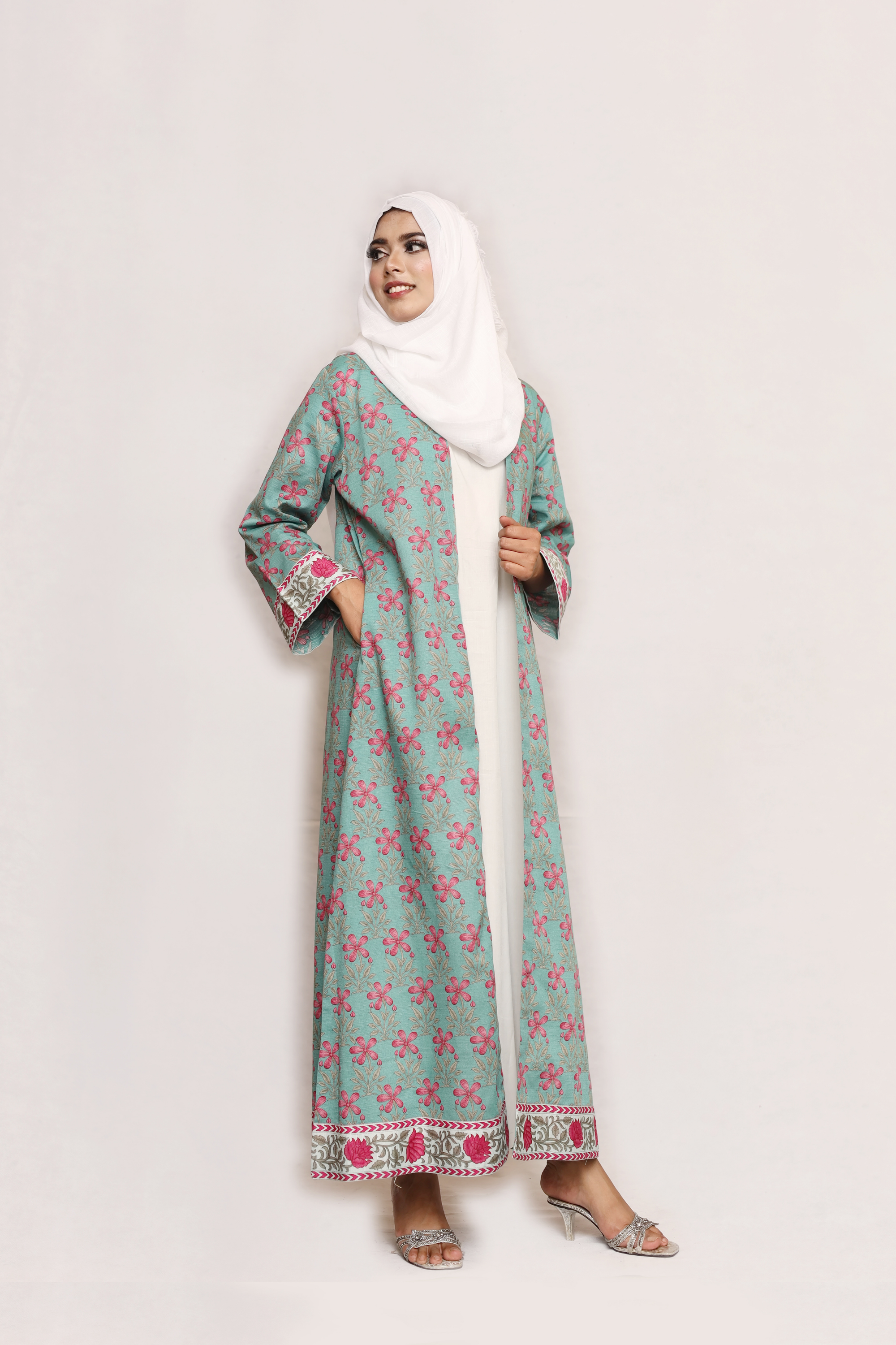 Printed Open Abaya -Teal