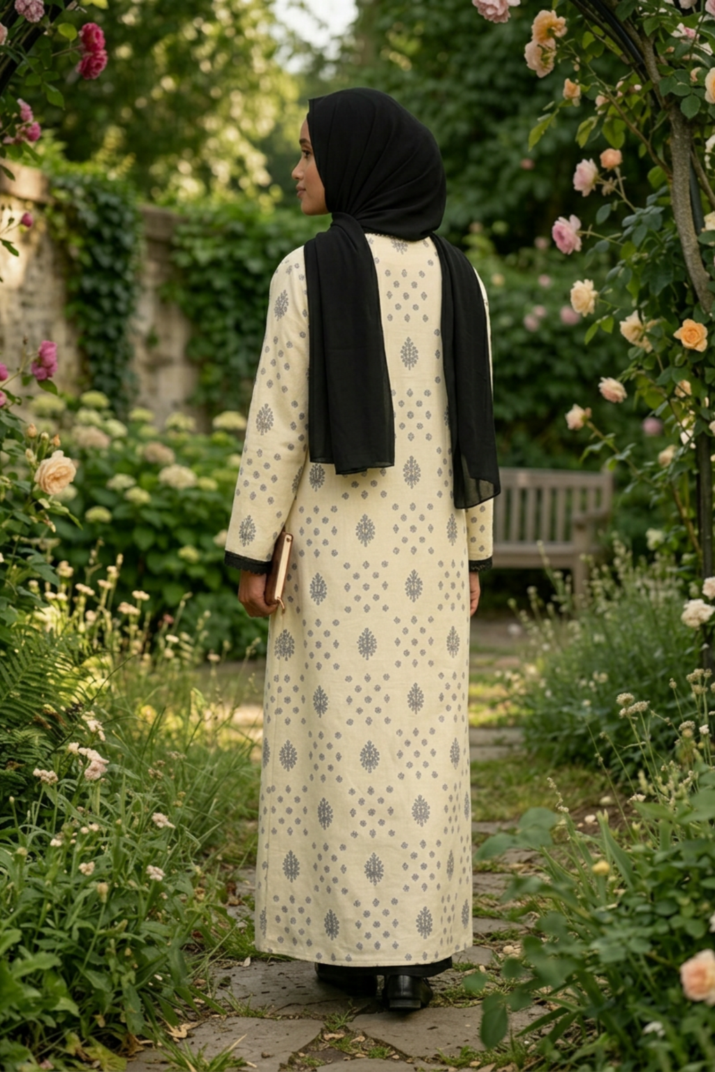 Printed Open Abaya - Black and White
