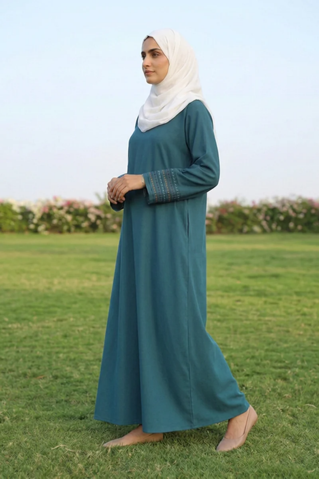 Signature Cotton Abaya – Petrol (Hand-Embroidered)