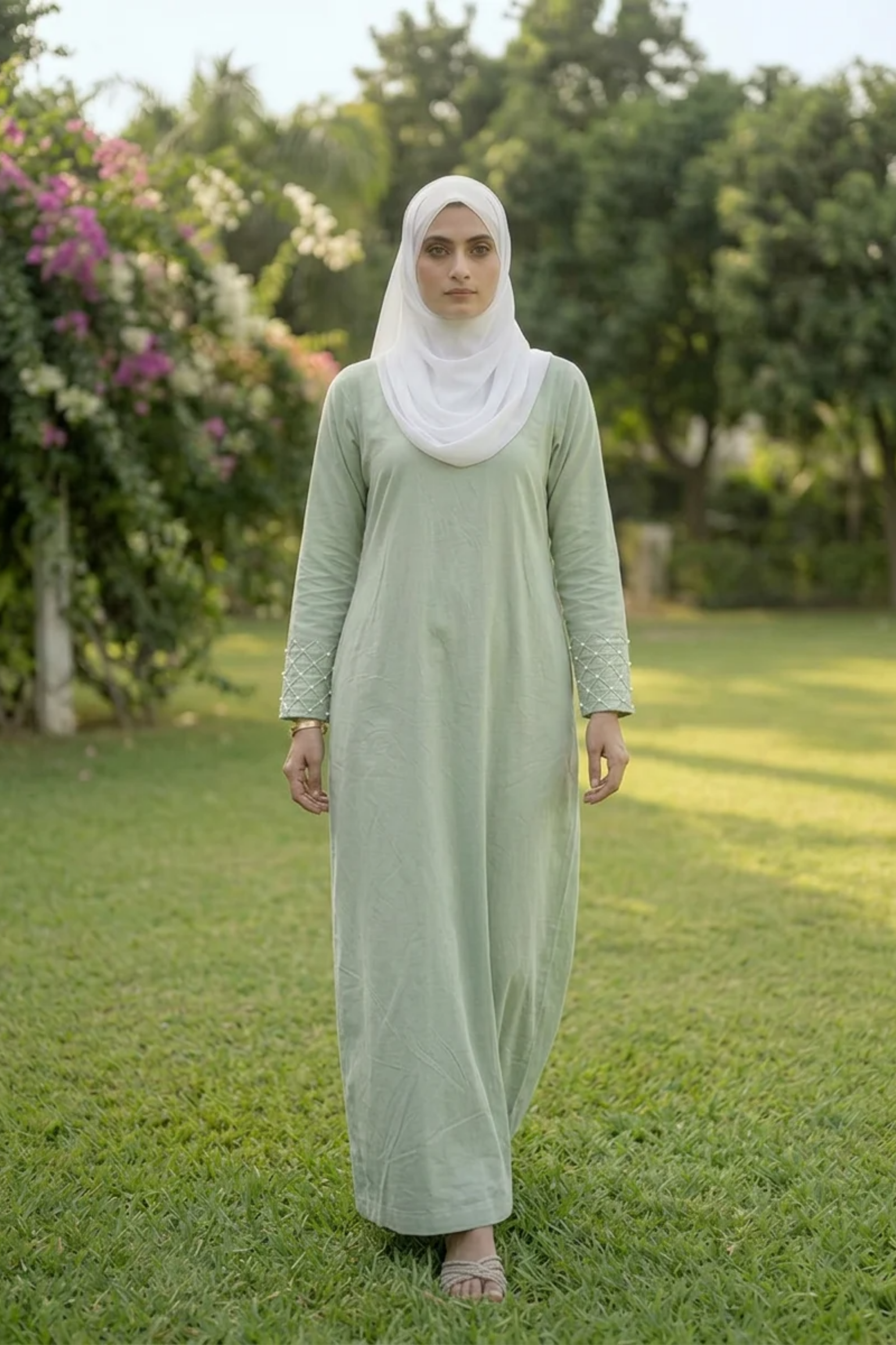Signature Cotton Abaya – Almond Green (Hand-Embroidered)