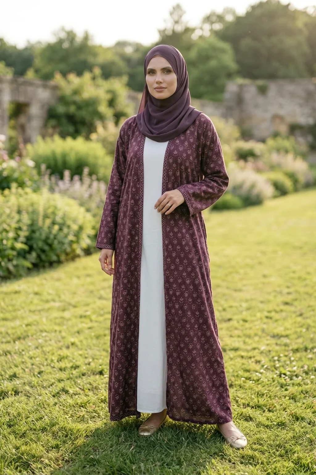 Printed Open Abaya - Mulberry