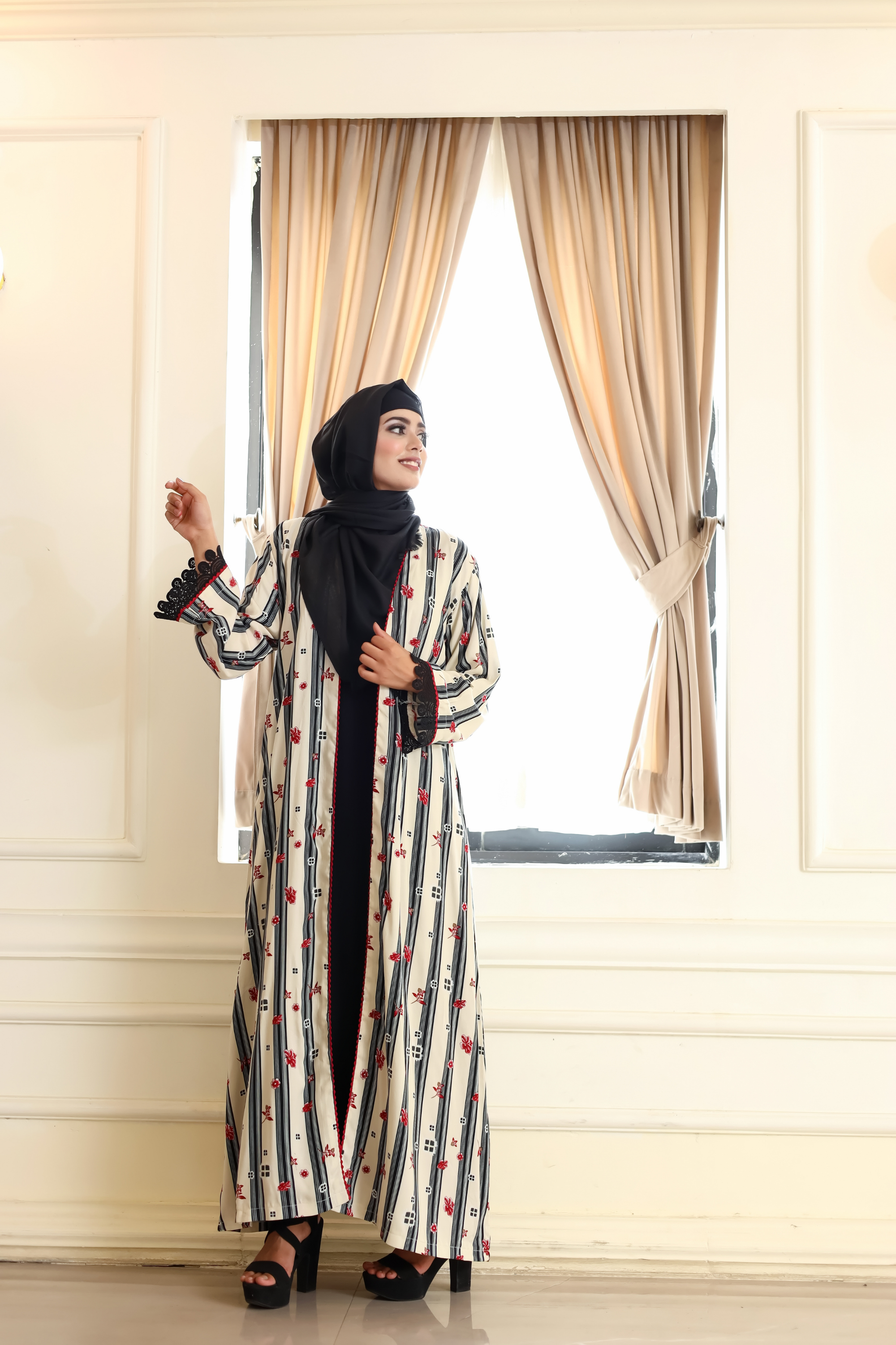 Printed Open Abaya - Crimson Bloom