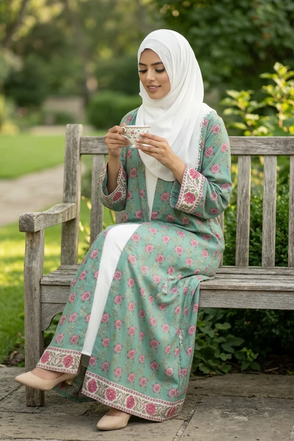 Printed Open Abaya -Teal