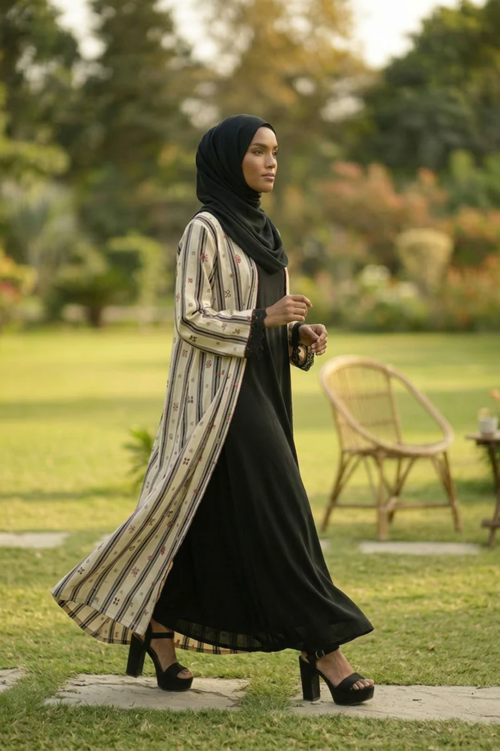 Printed Open Abaya - Crimson Bloom