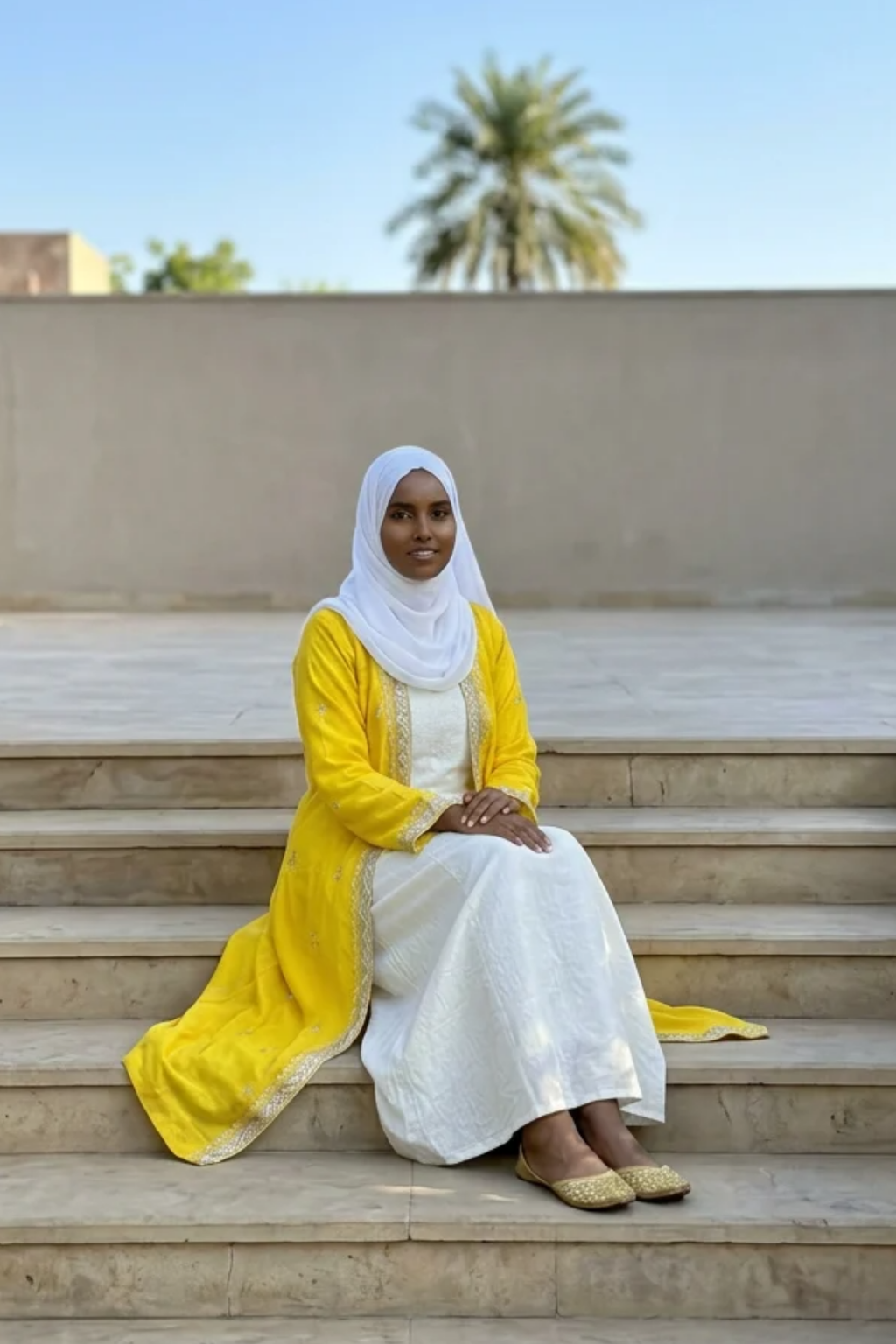Printed Open Abaya - Yellow