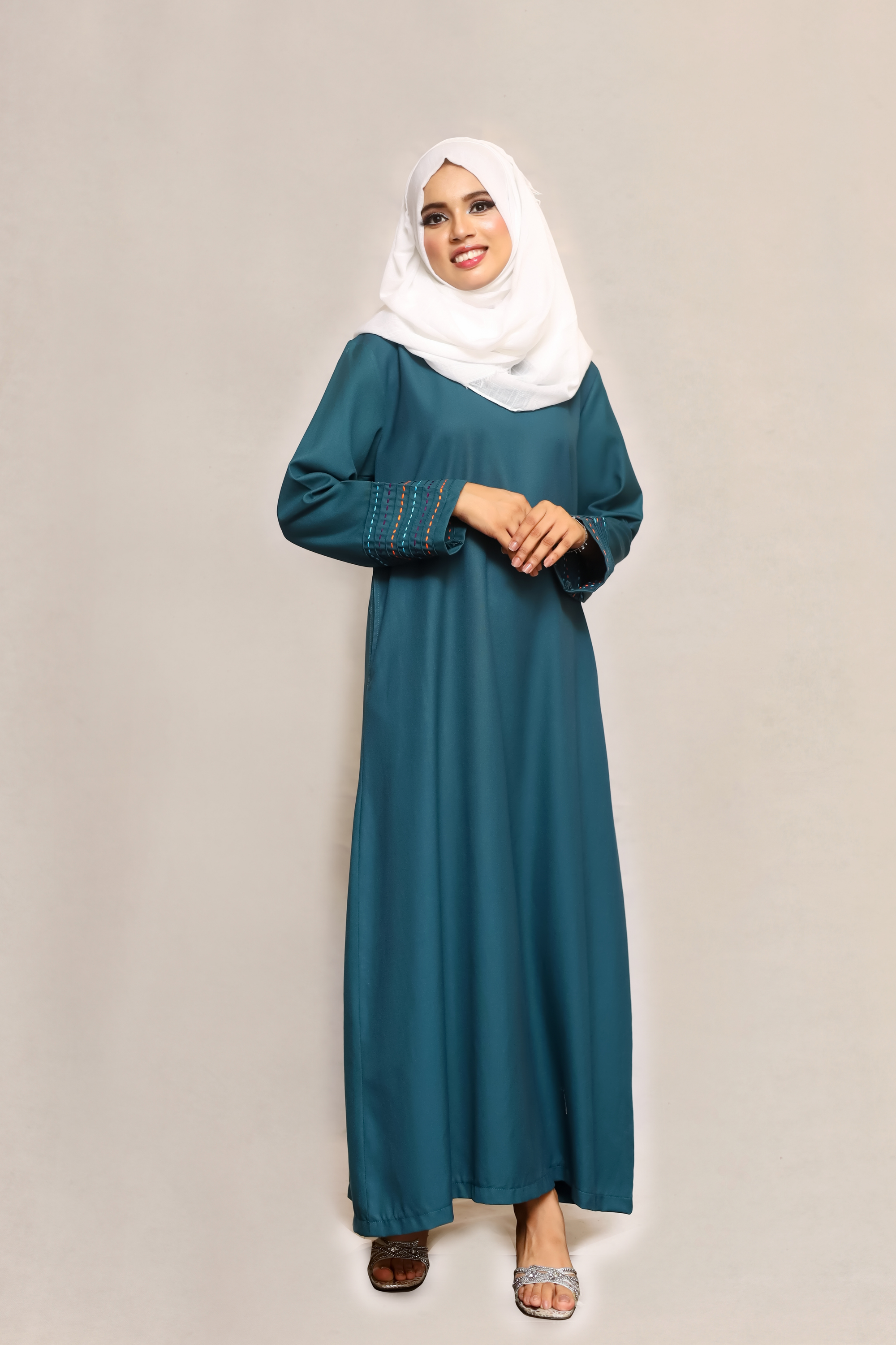 Signature Cotton Abaya – Petrol (Hand-Embroidered)