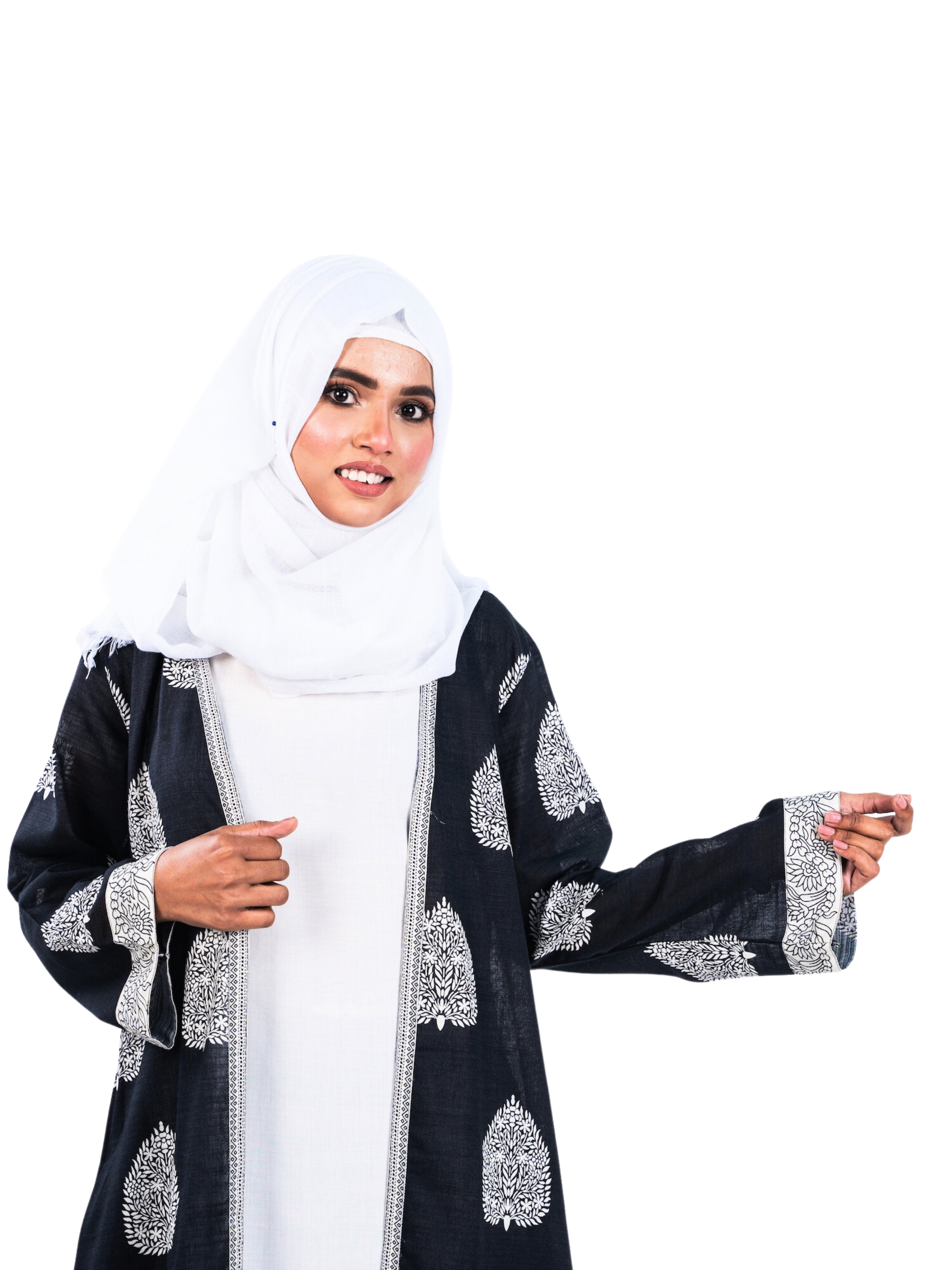 Printed Open Abaya - Black