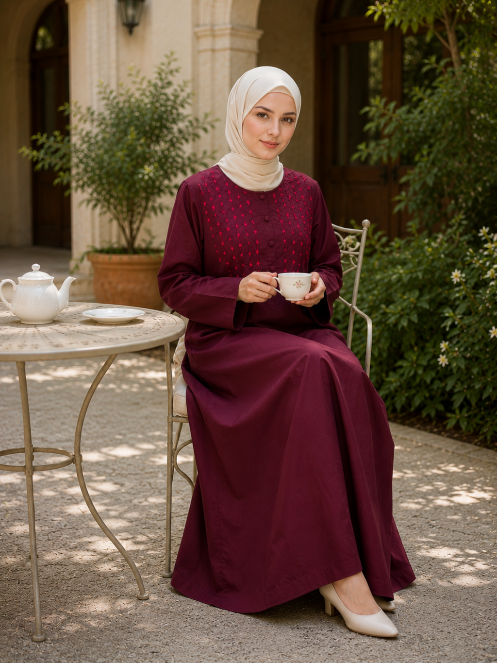 Hajj&Umrah | Premium Cotton Abaya in Burgundy (Hand-embroidered)