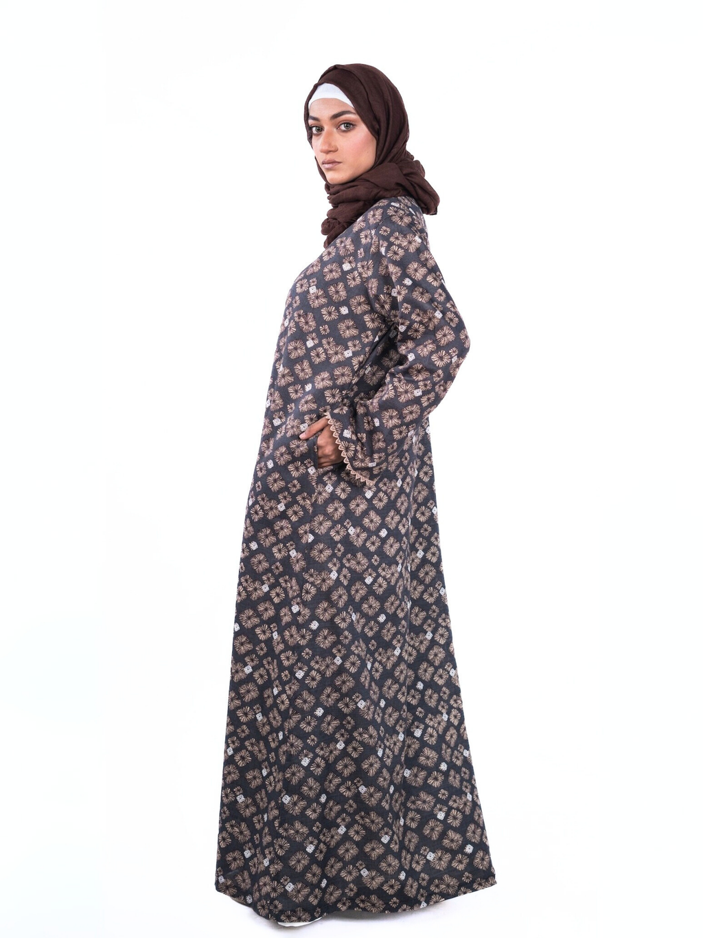 Printed Open Abaya - Brown