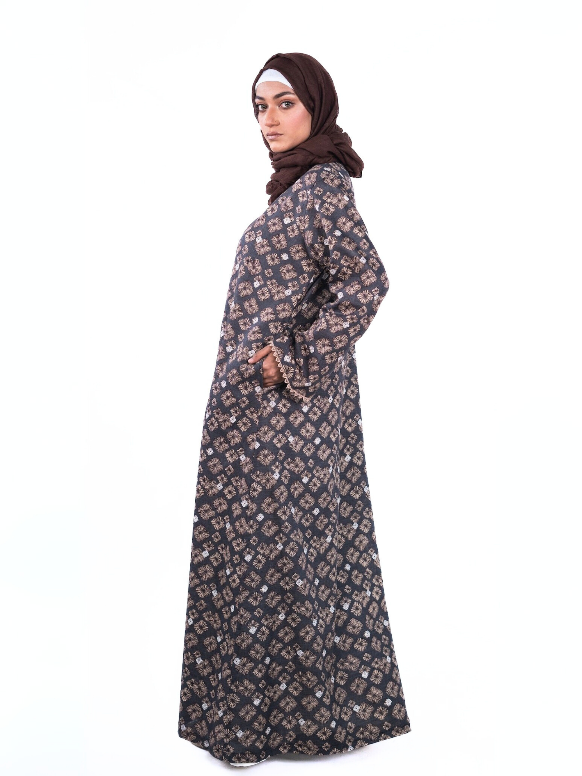 Printed Open Abaya - Brown