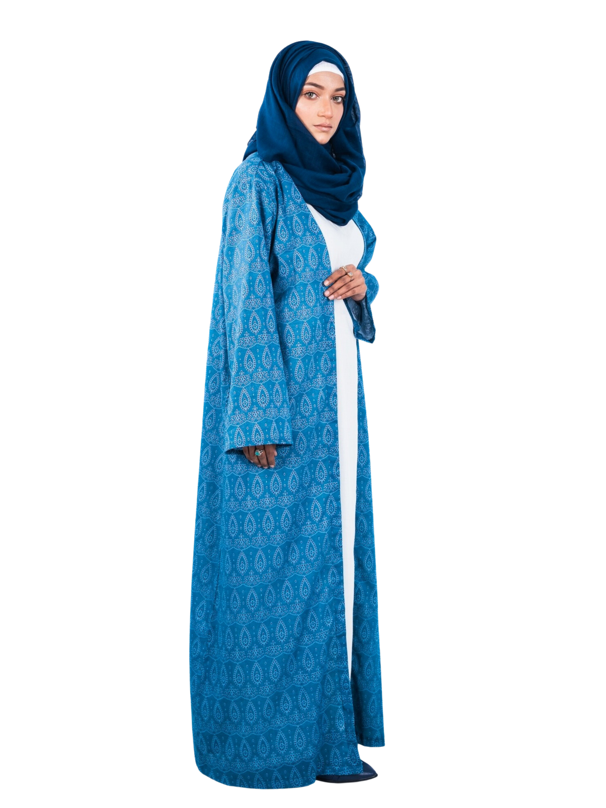Printed Open Abaya - Sea Blue