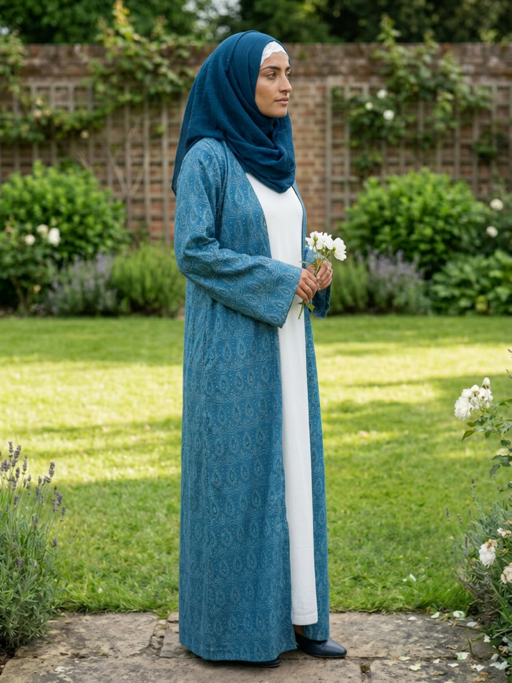 Printed Open Abaya - Sea Blue