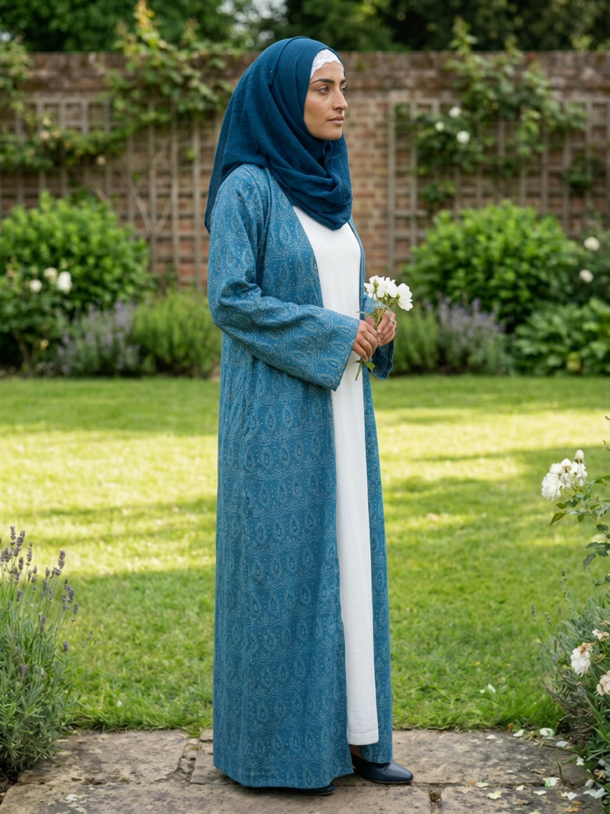 Printed Open Abaya - Sea Blue