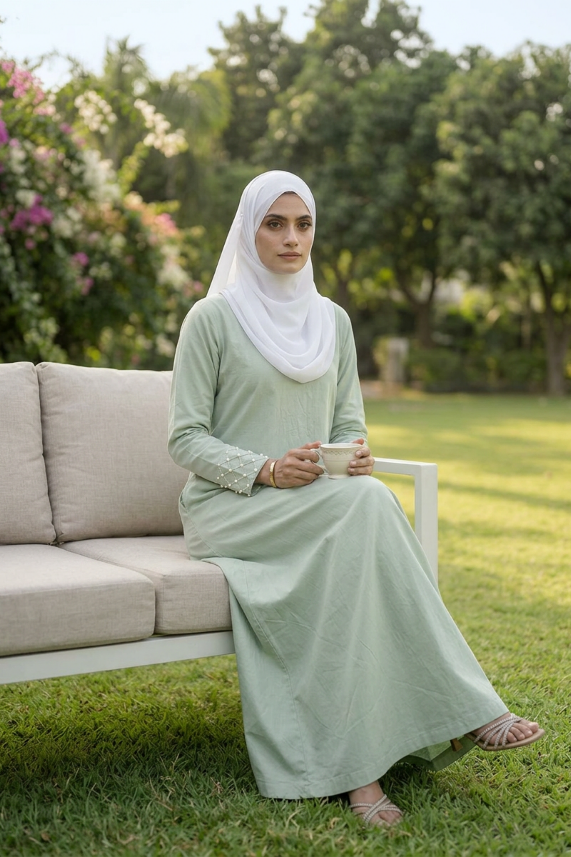Signature Cotton Abaya – Almond Green (Hand-Embroidered)