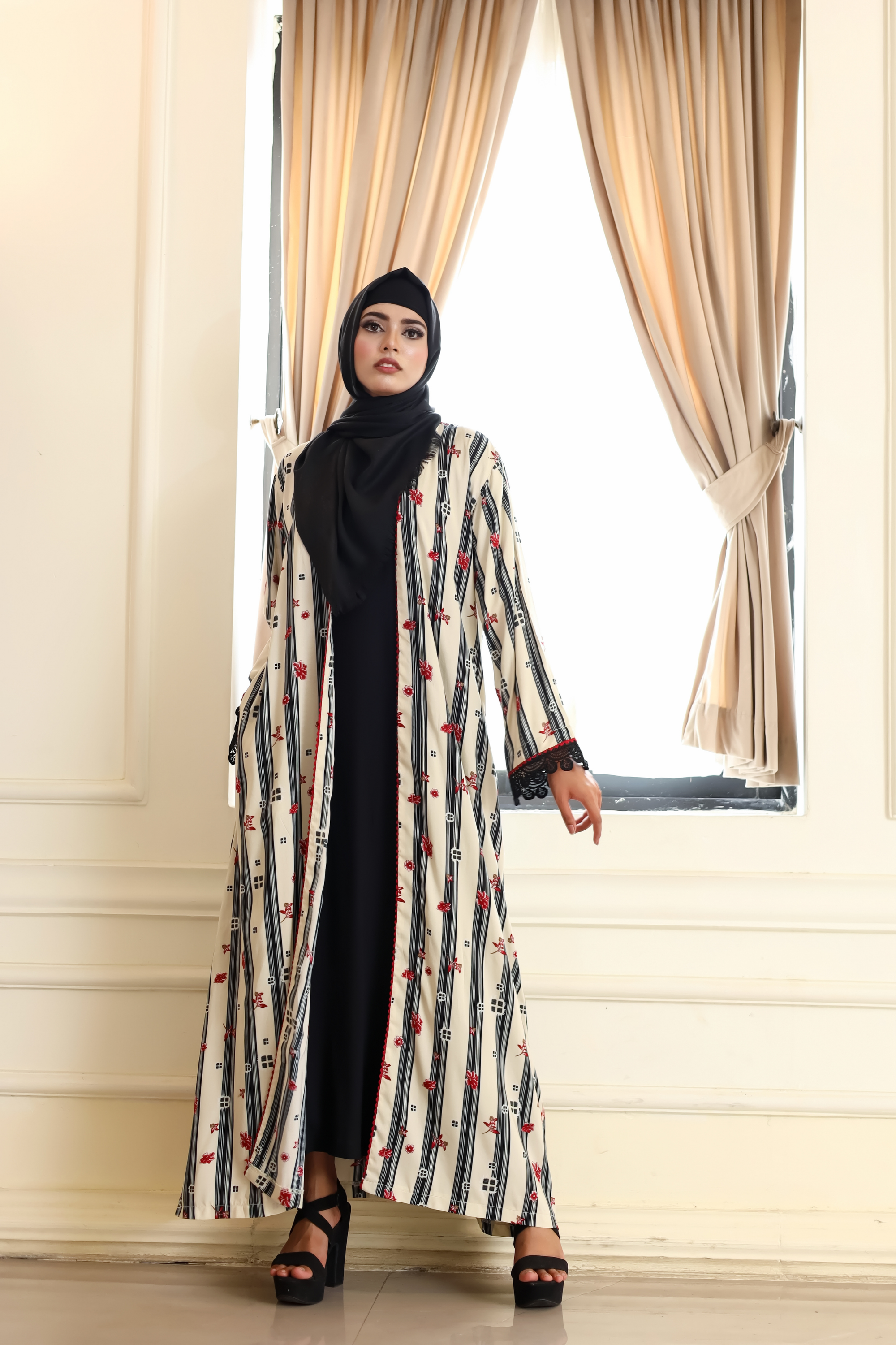 Printed Open Abaya - Crimson Bloom
