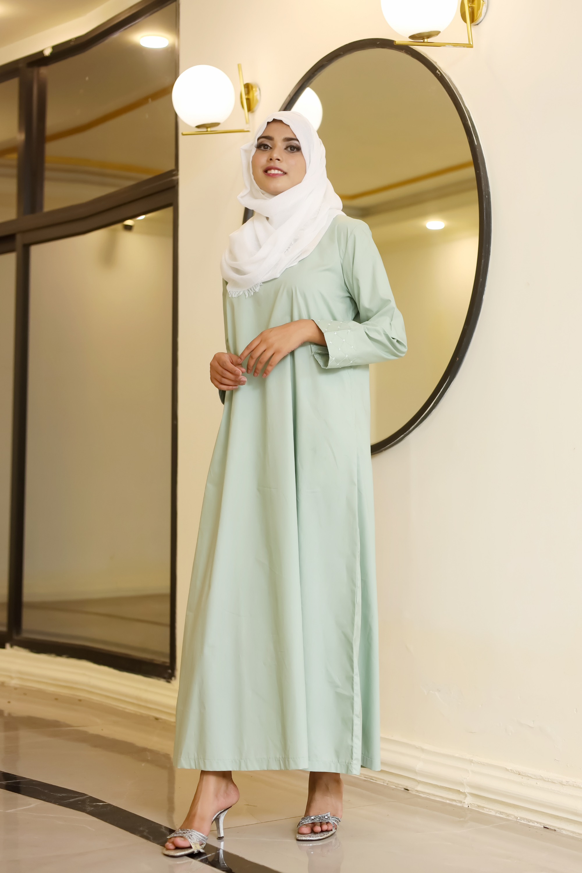 Signature Cotton Abaya – Almond Green (Hand-Embroidered)