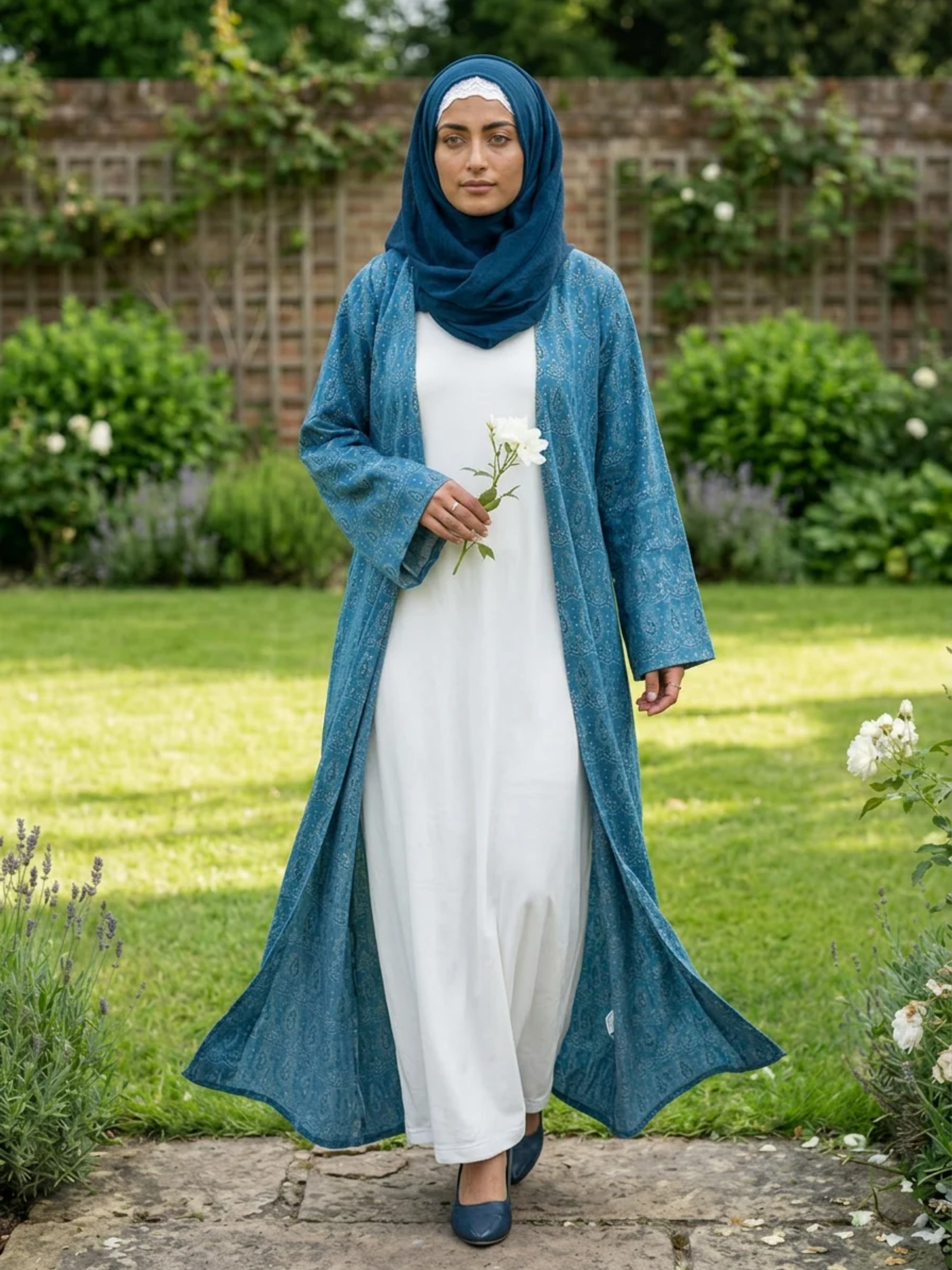 Printed Open Abaya - Sea Blue