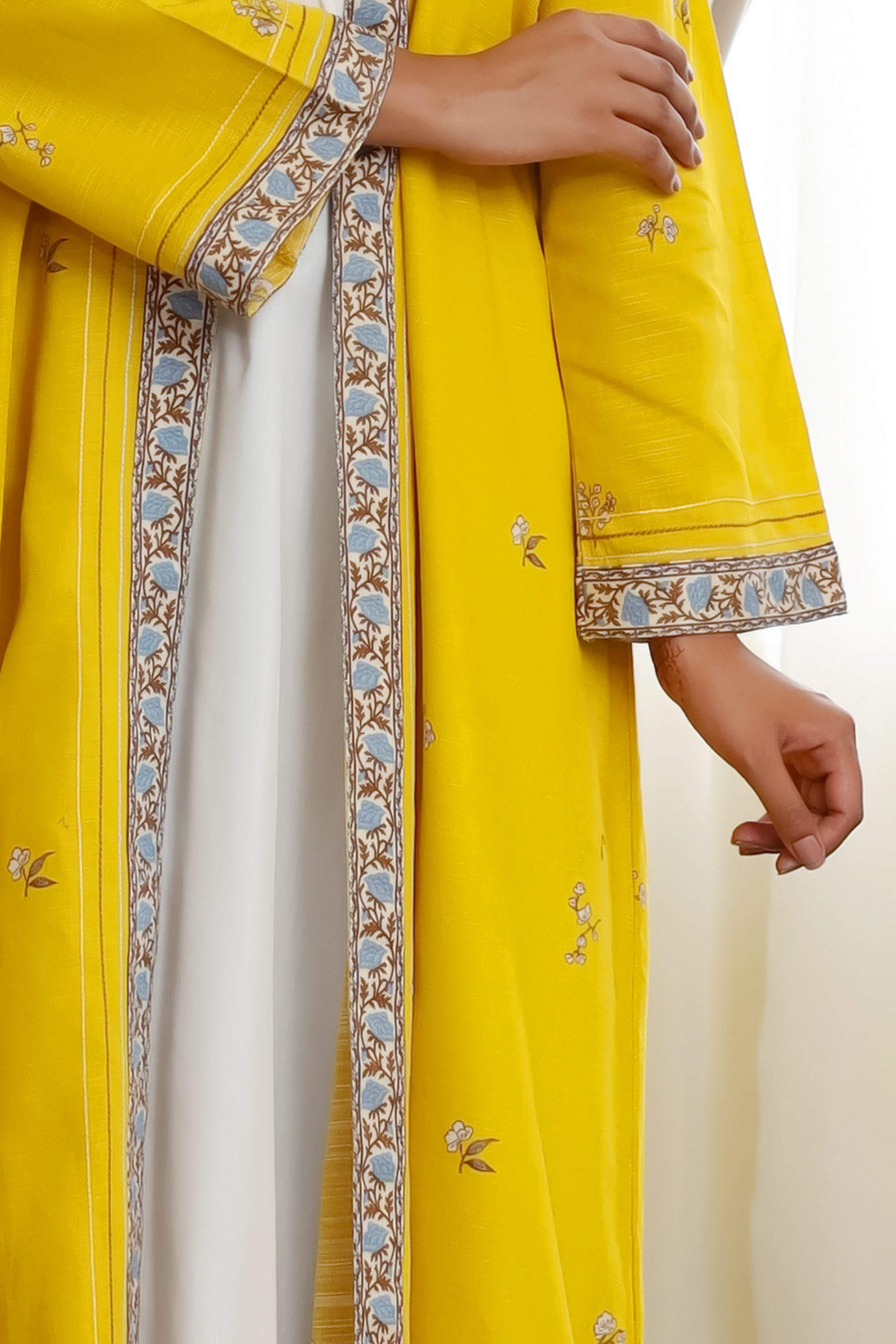 Printed Open Abaya - Yellow