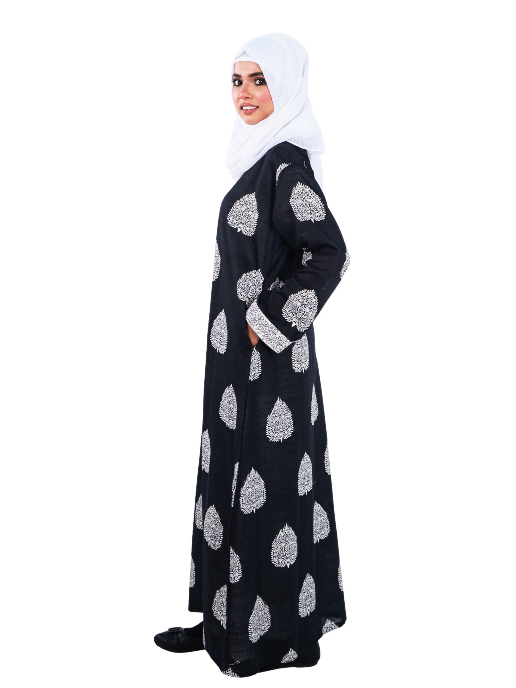 Printed Open Abaya - Black