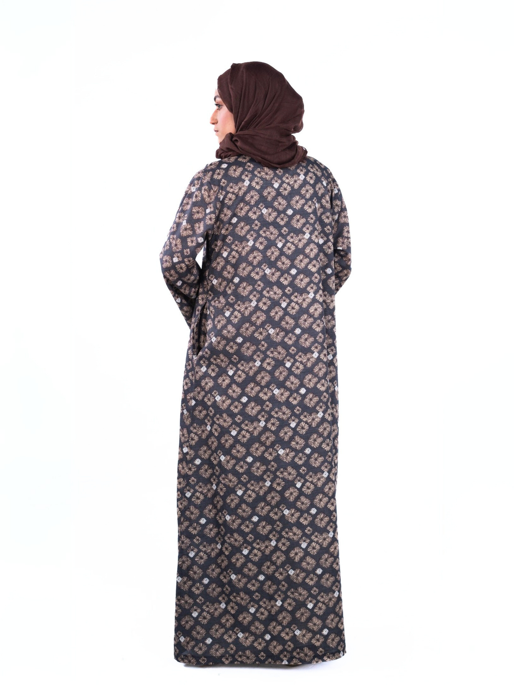 Printed Open Abaya - Brown