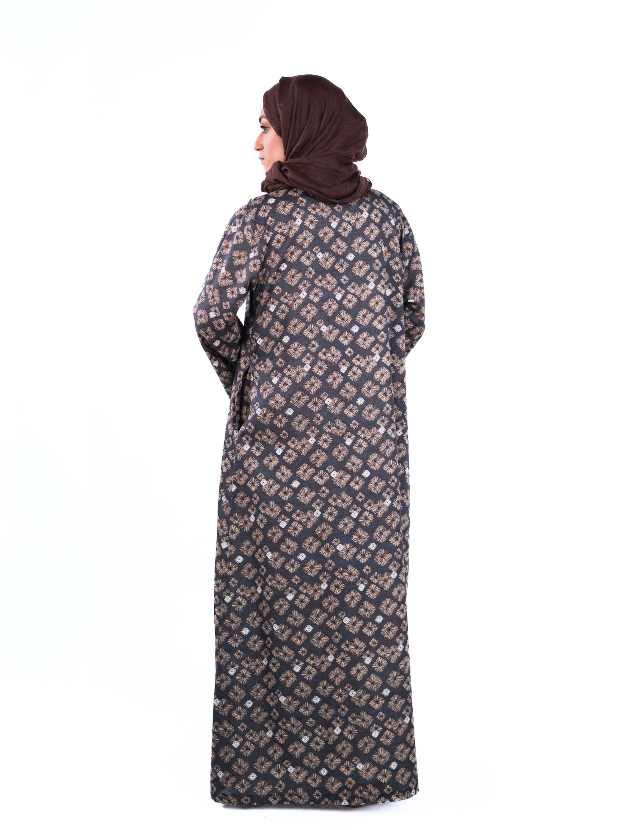 Printed Open Abaya - Brown