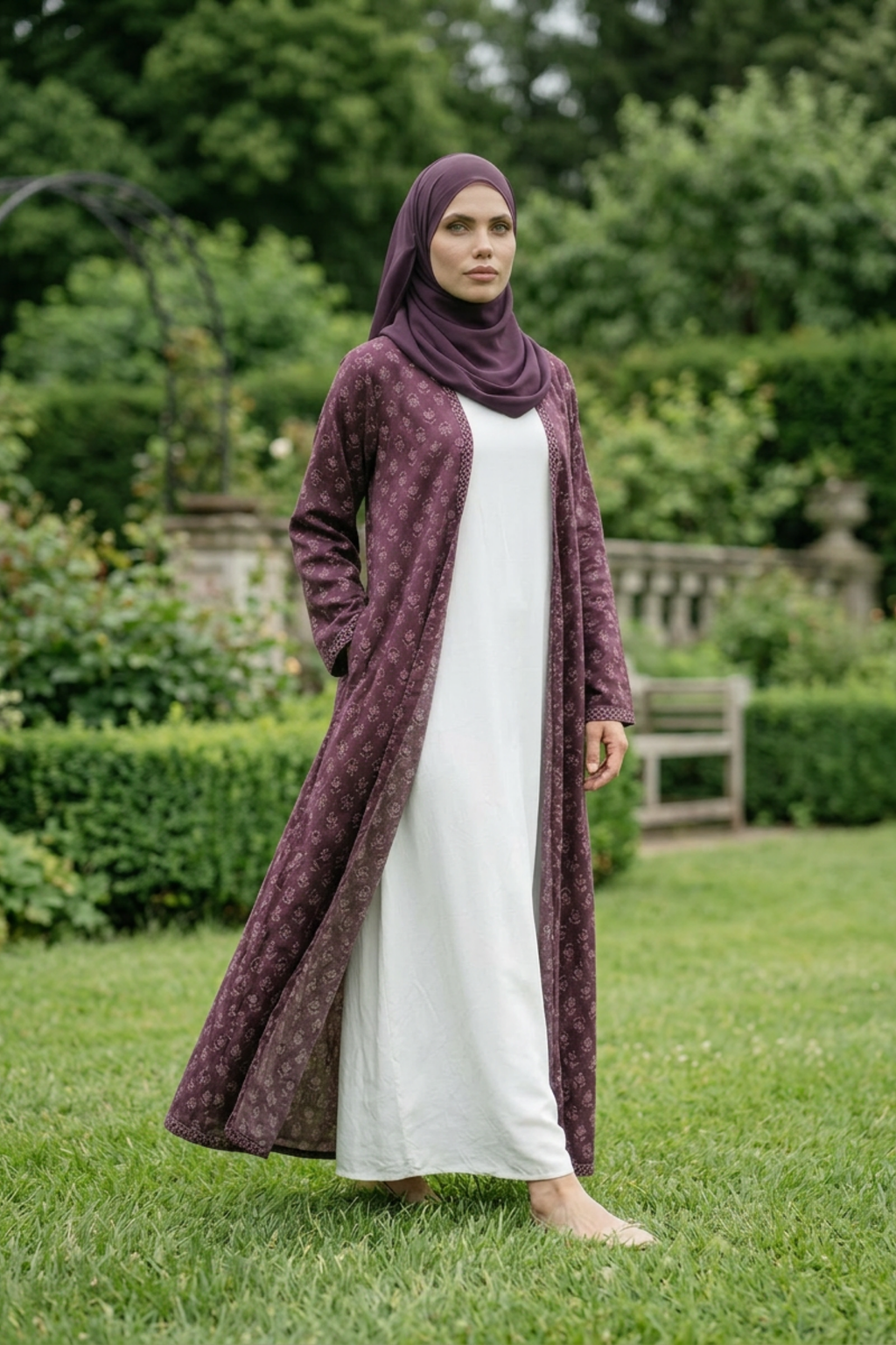 Printed Open Abaya - Mulberry
