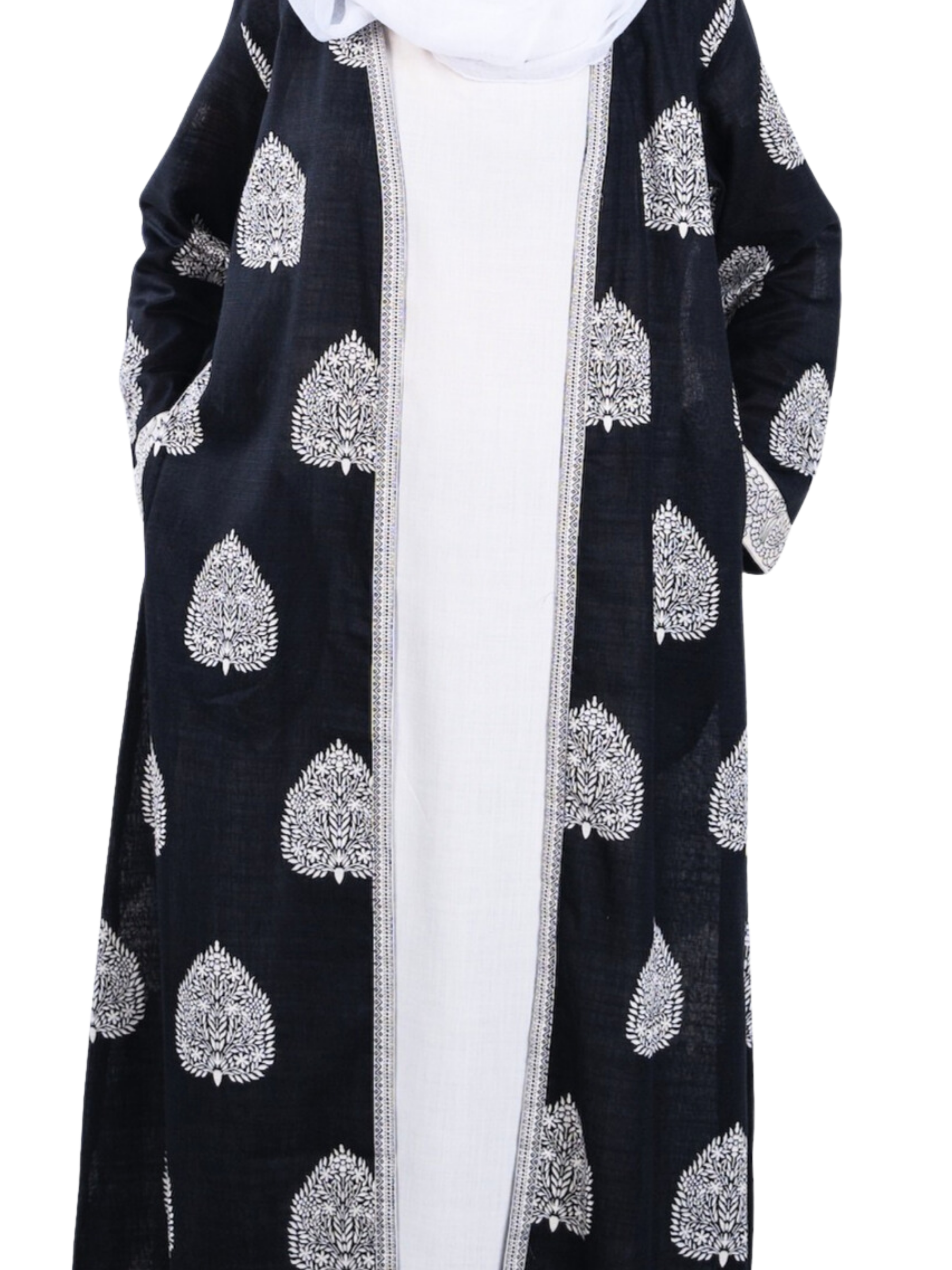 Printed Open Abaya - Black