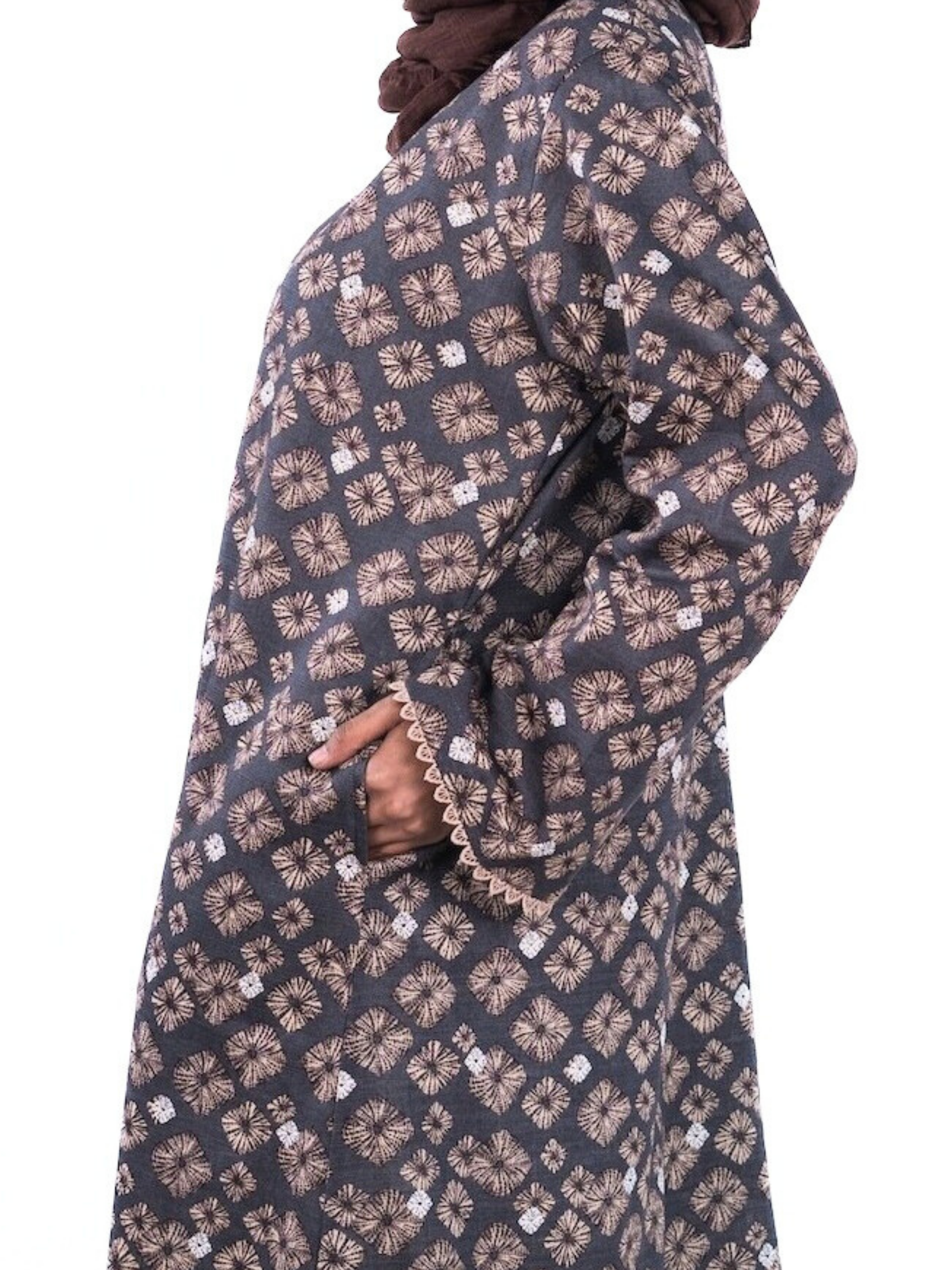 Printed Open Abaya - Brown
