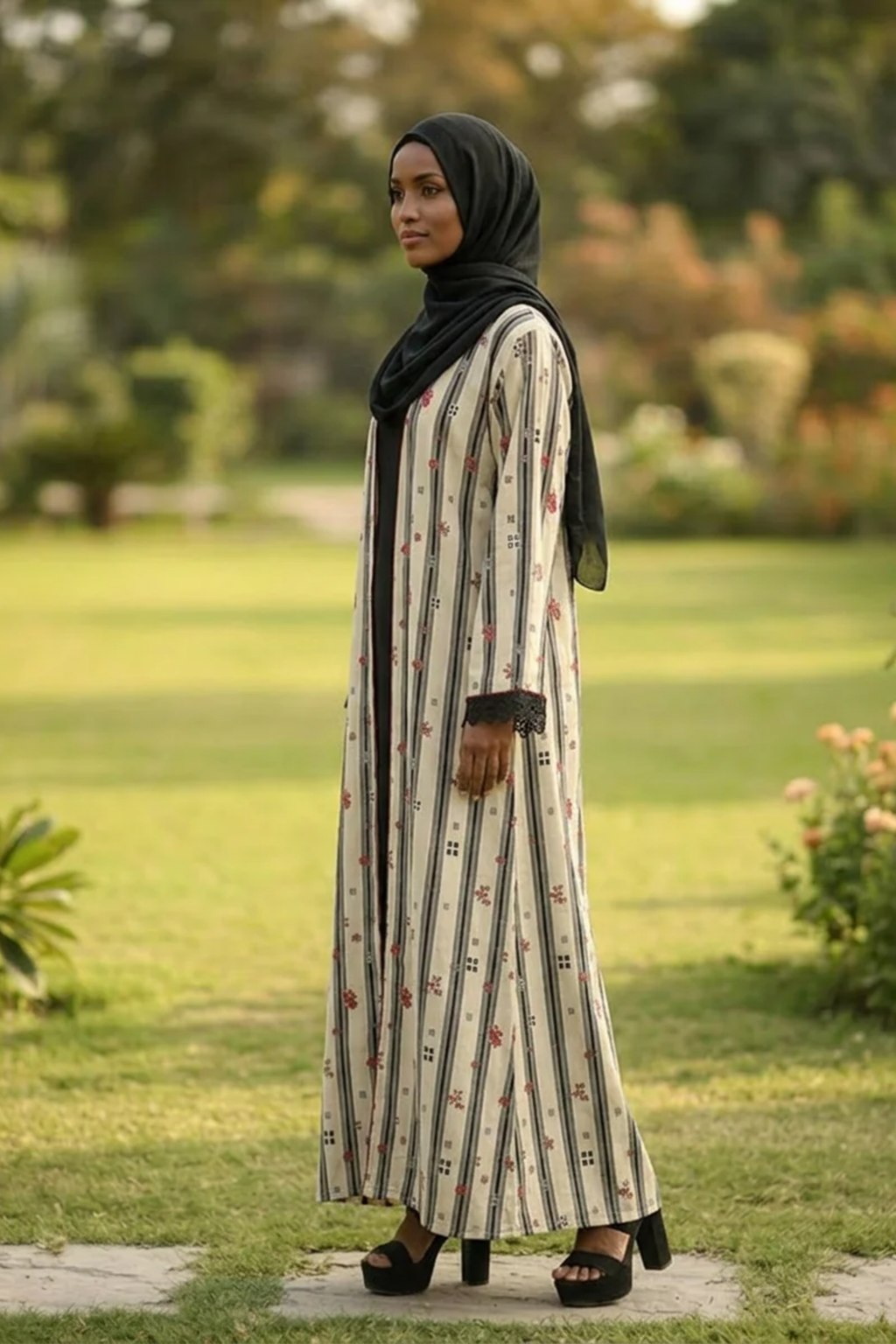 Printed Open Abaya - Crimson Bloom
