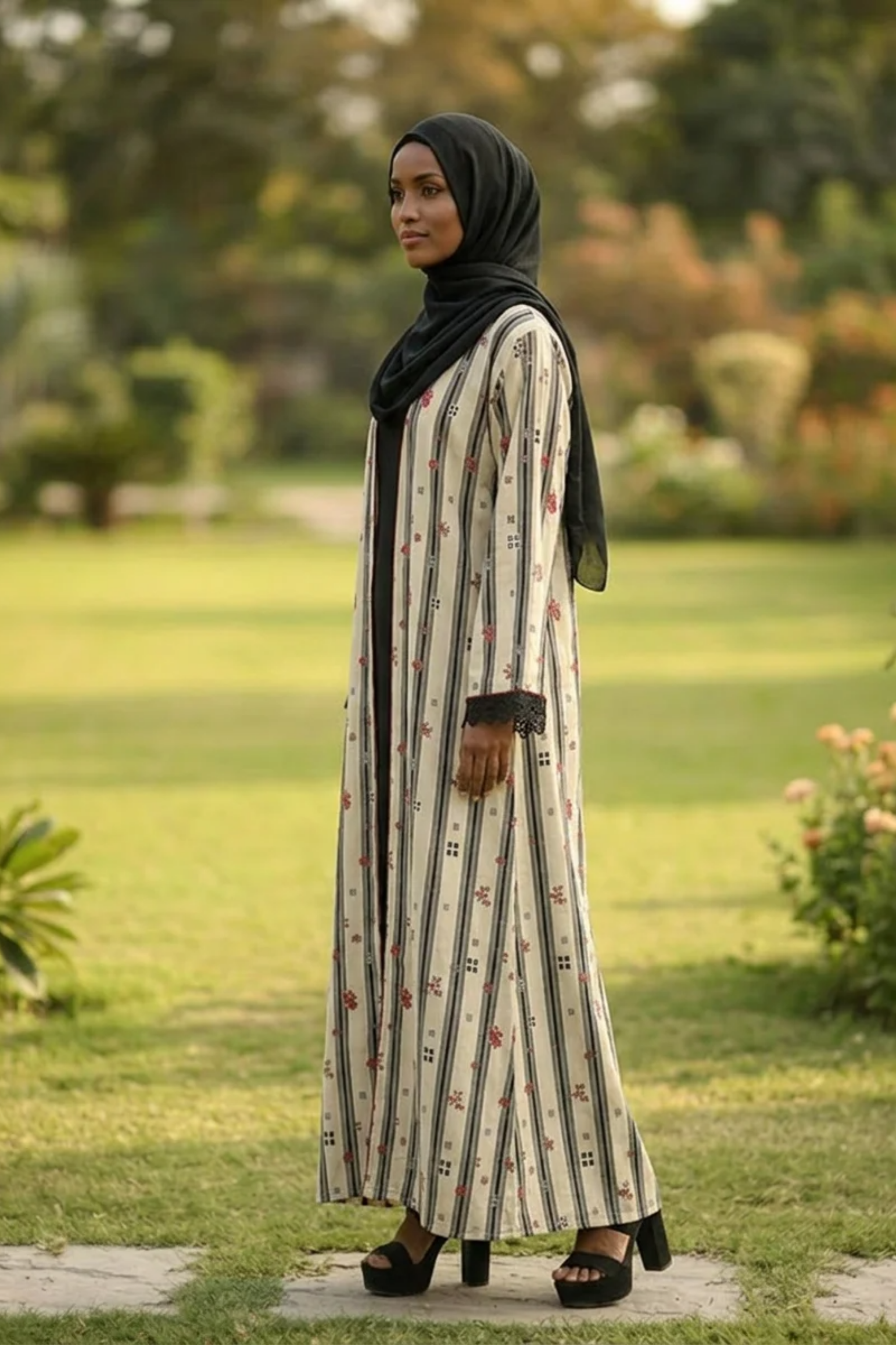 Printed Open Abaya - Crimson Bloom