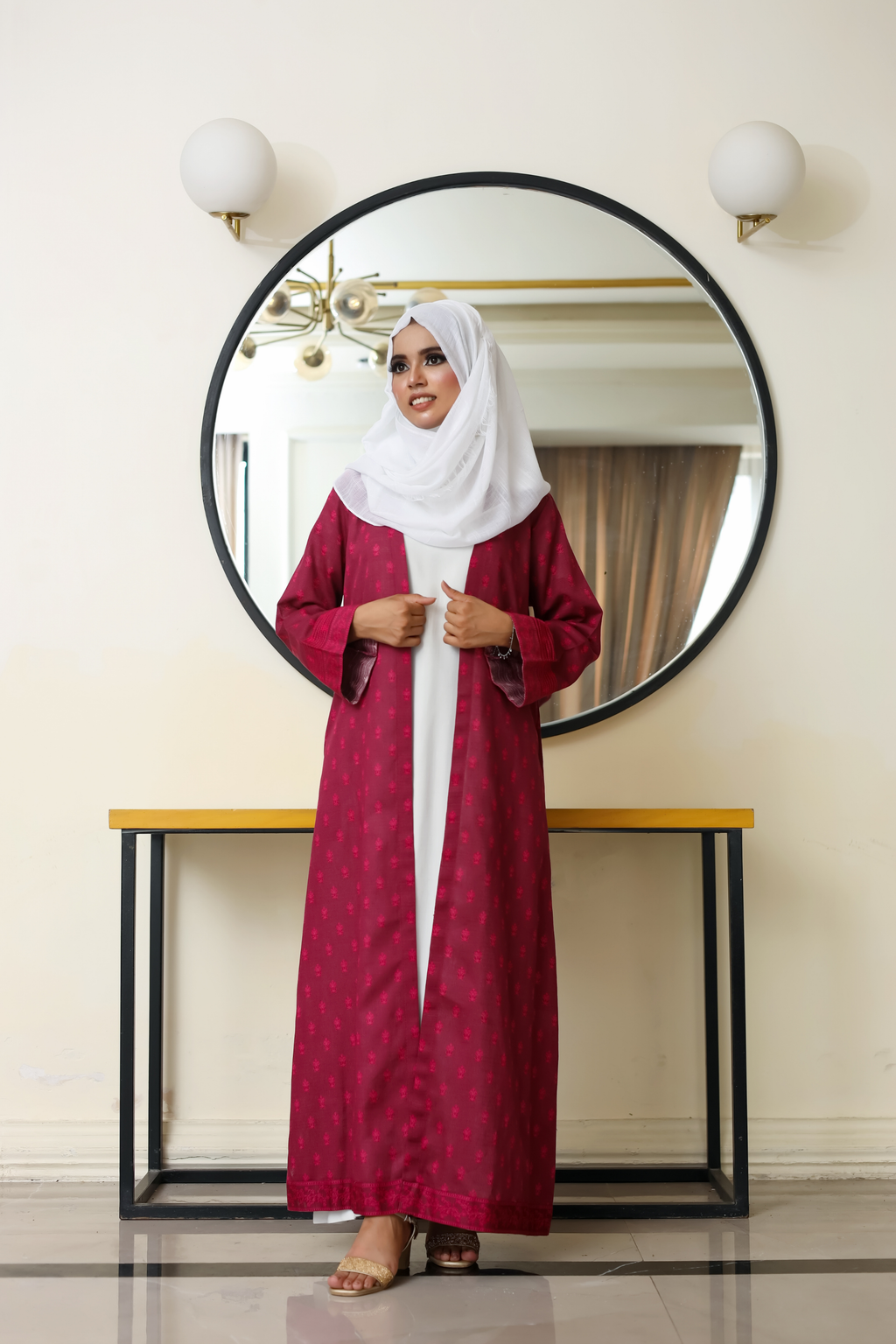 Printed Open Abaya - Maroon