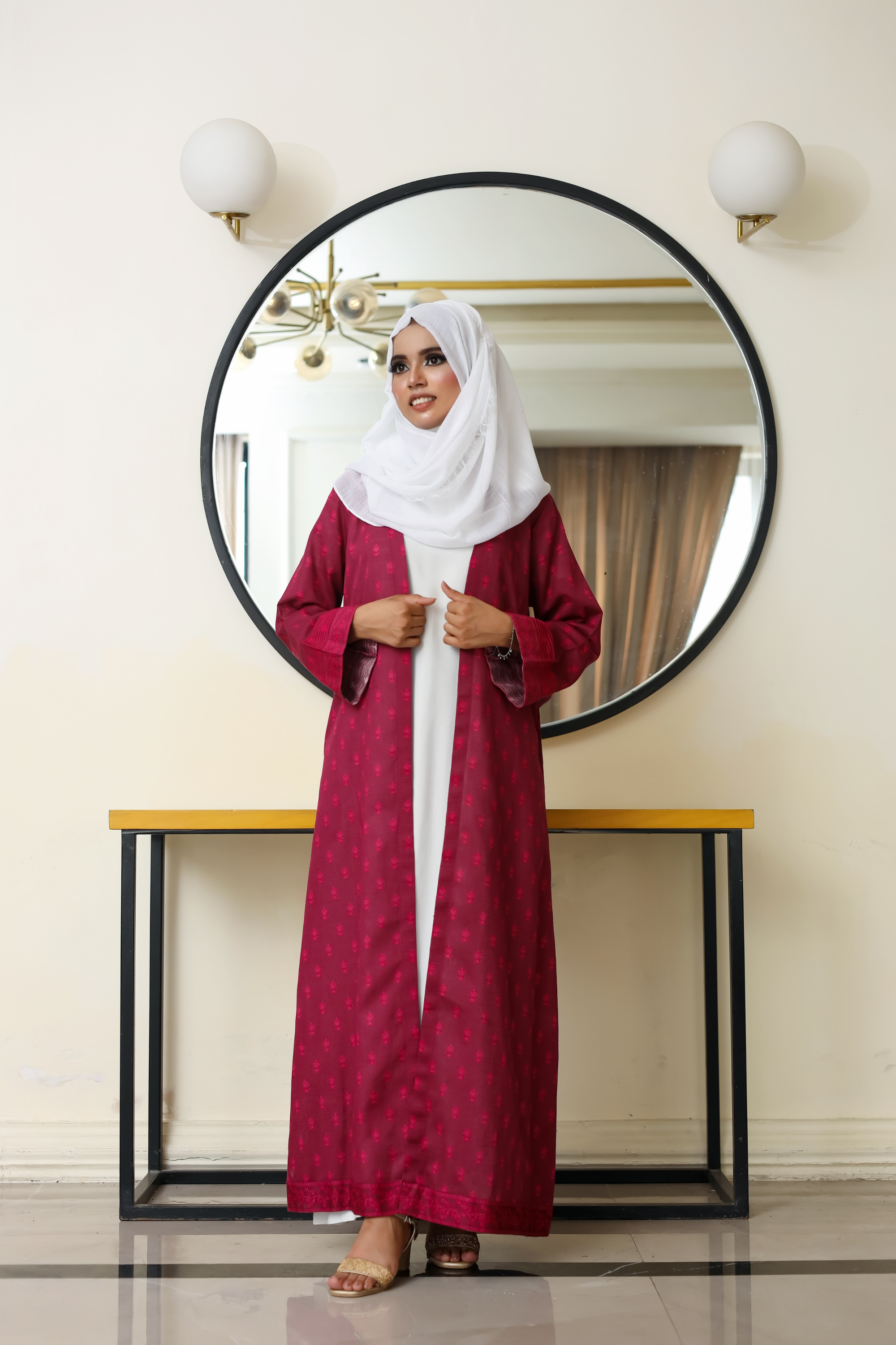Printed Open Abaya - Maroon