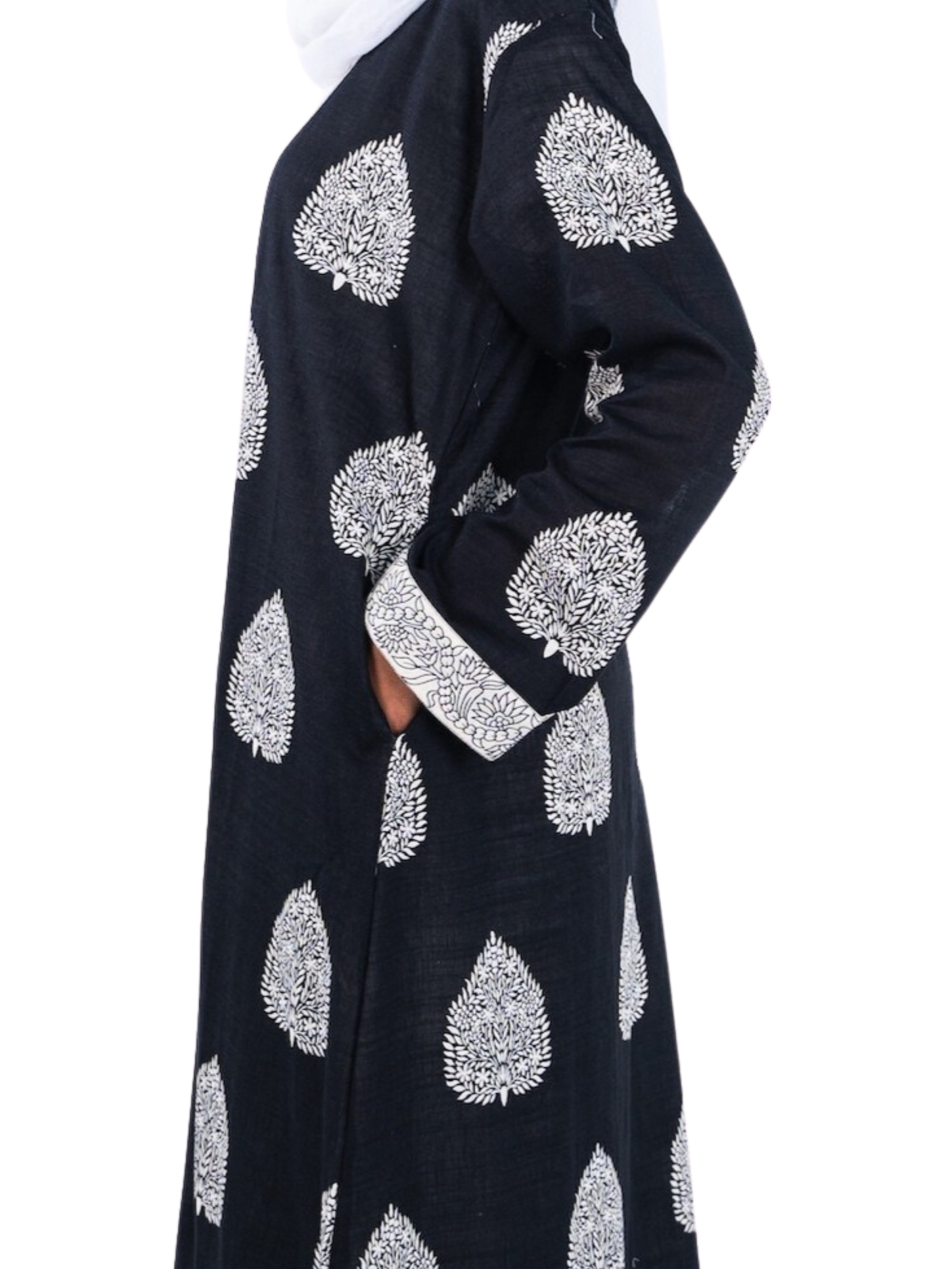 Printed Open Abaya - Black