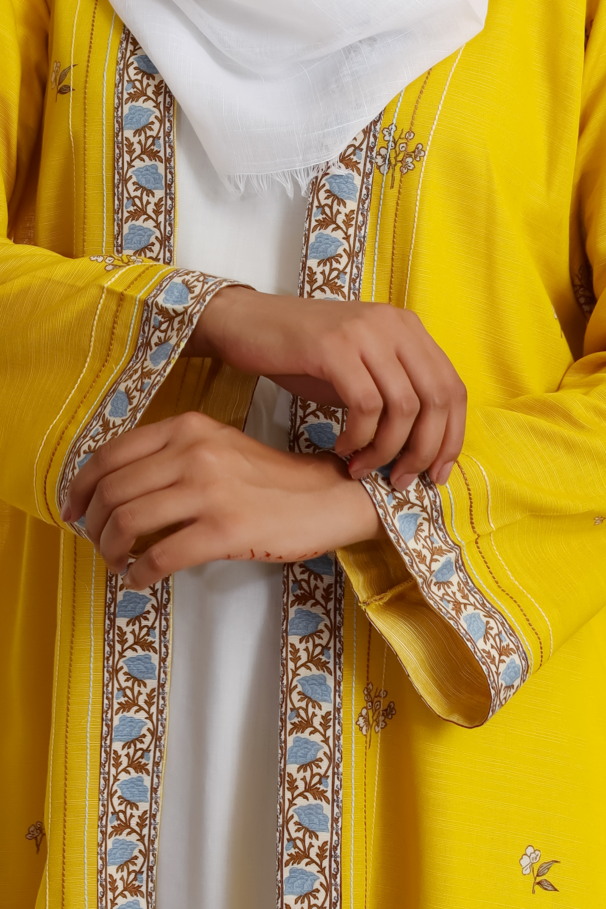 Printed Open Abaya - Yellow