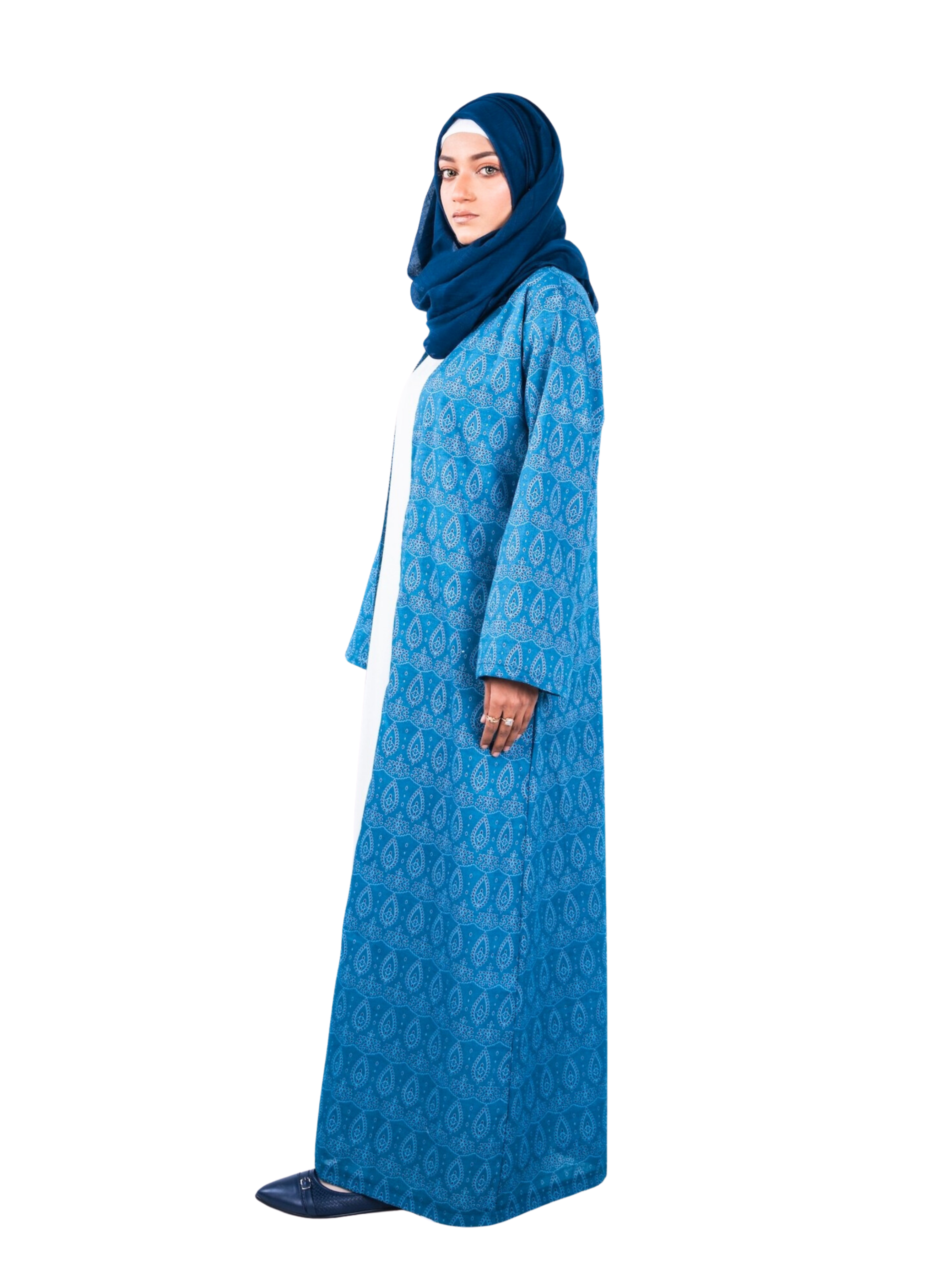 Printed Open Abaya - Sea Blue