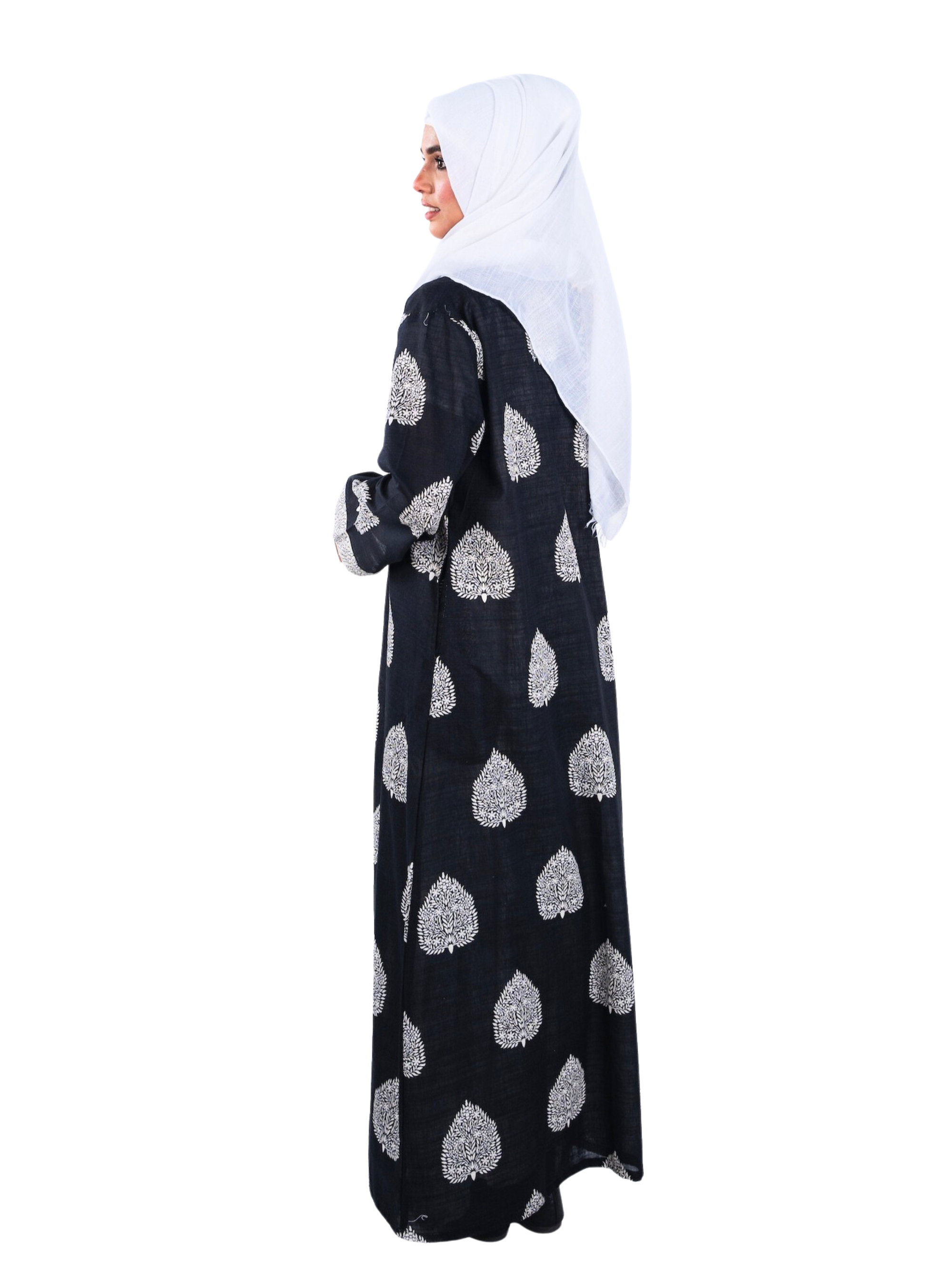Printed Open Abaya - Black