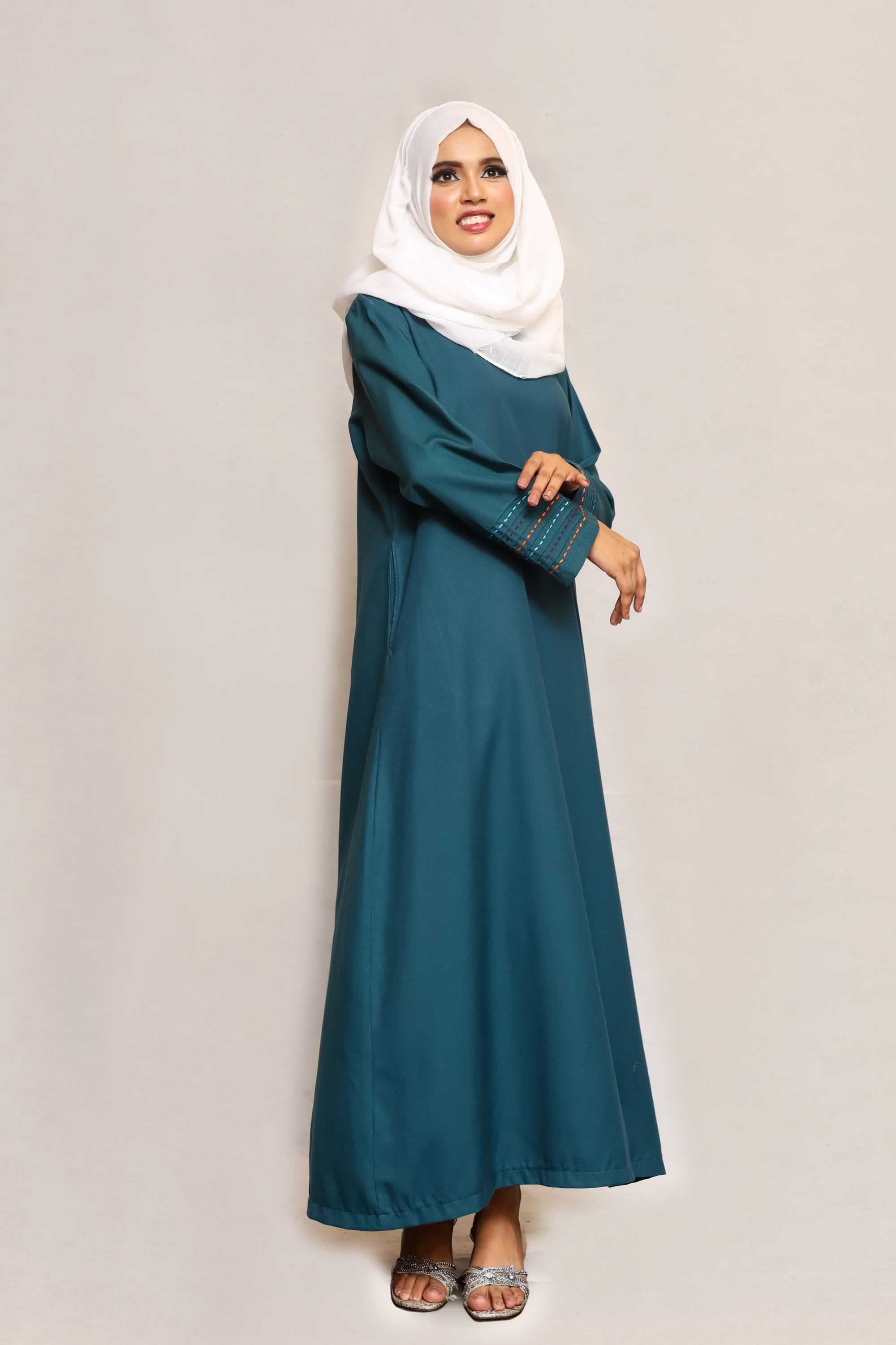 Signature Cotton Abaya – Petrol (Hand-Embroidered)