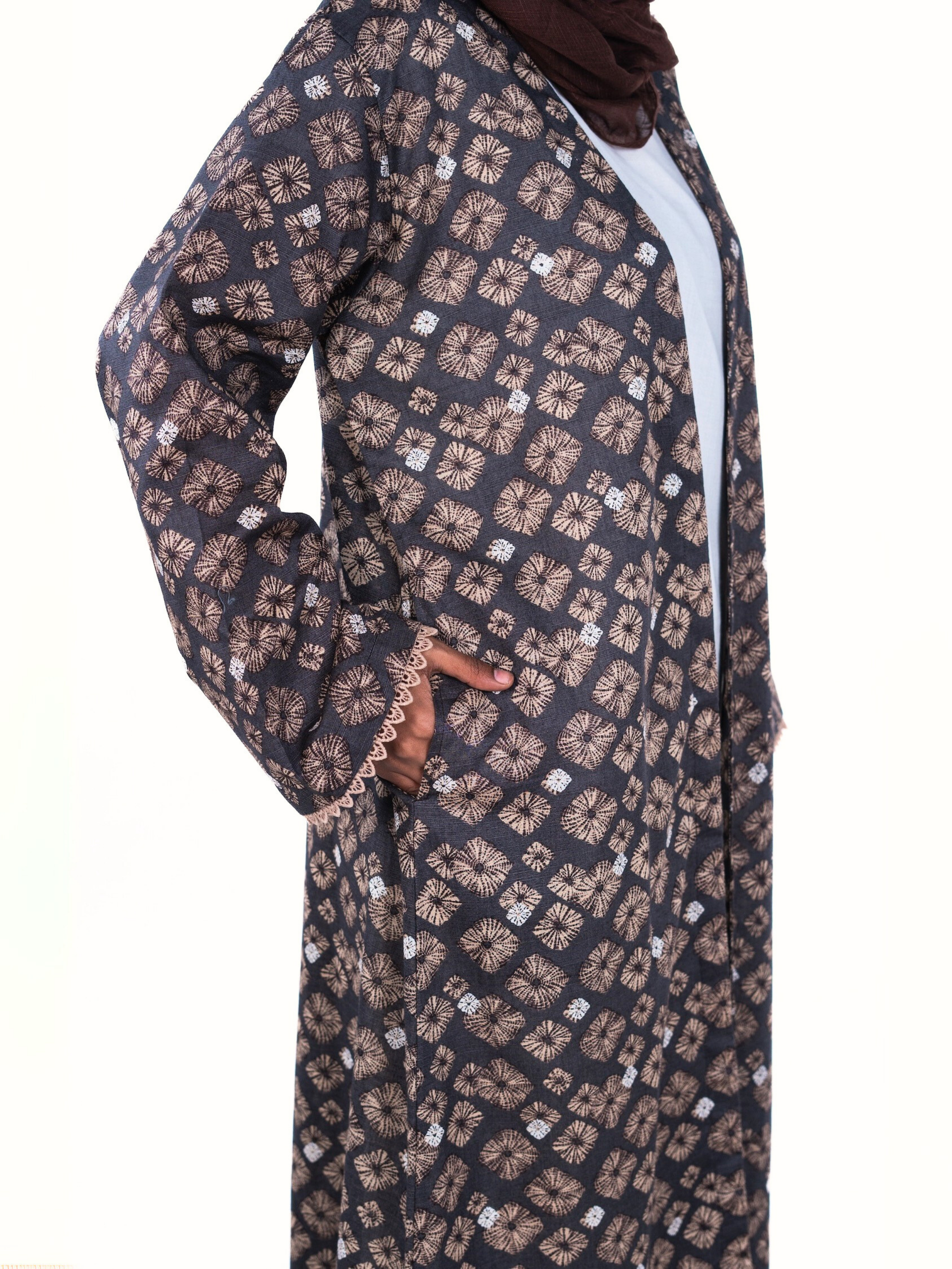 Printed Open Abaya - Brown