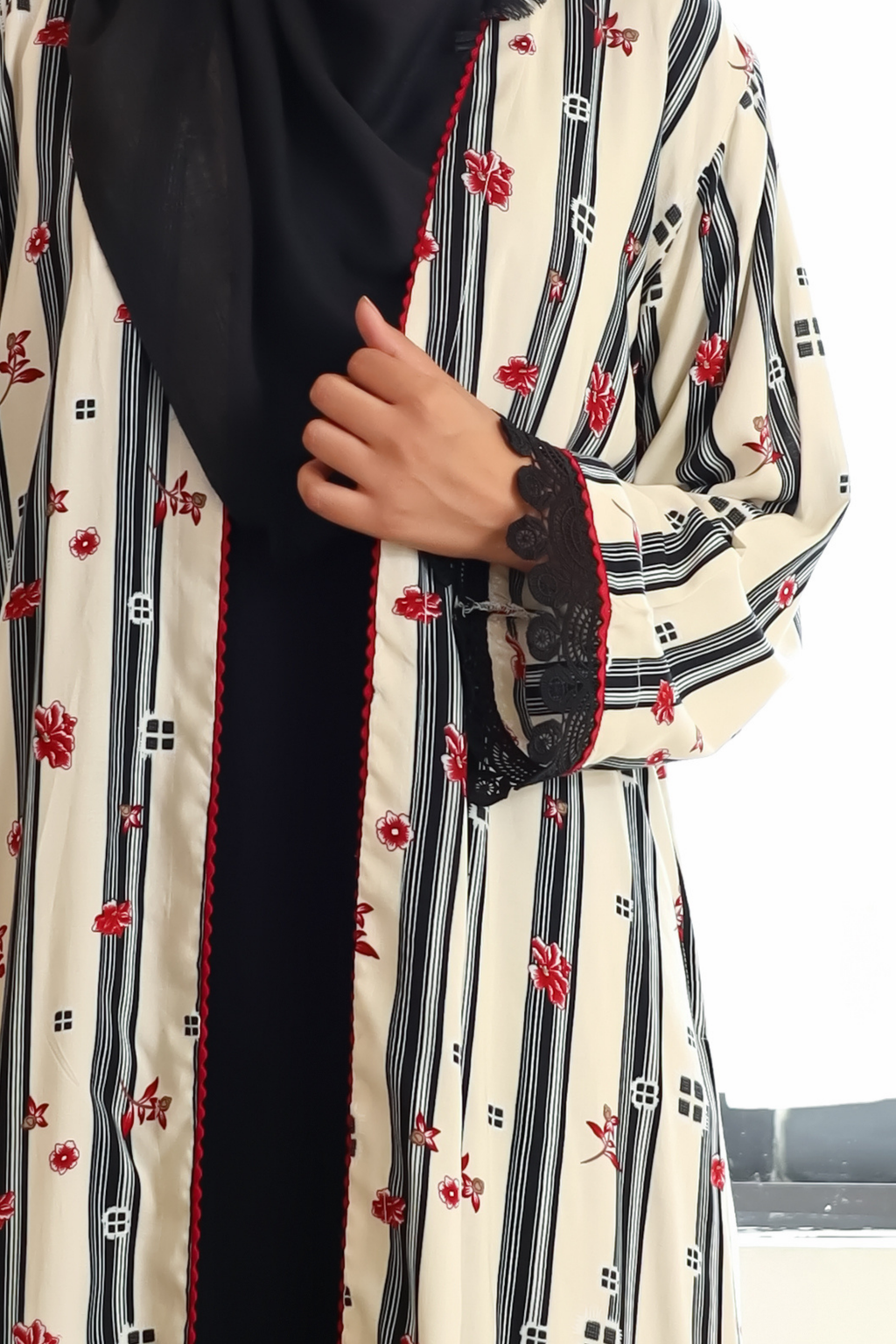 Printed Open Abaya - Crimson Bloom