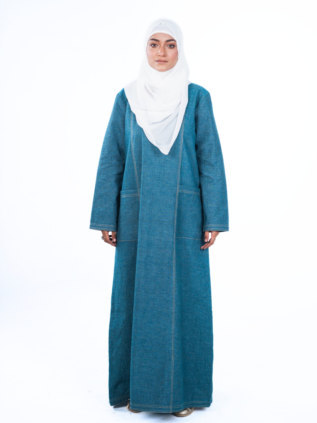Denim Panelled Maxi Dress - Teal