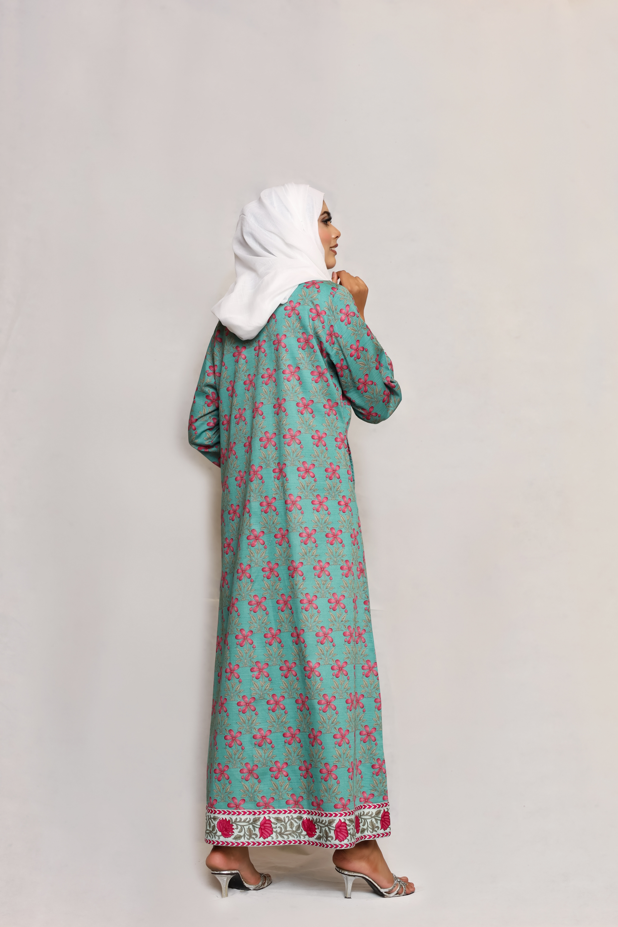 Printed Open Abaya -Teal