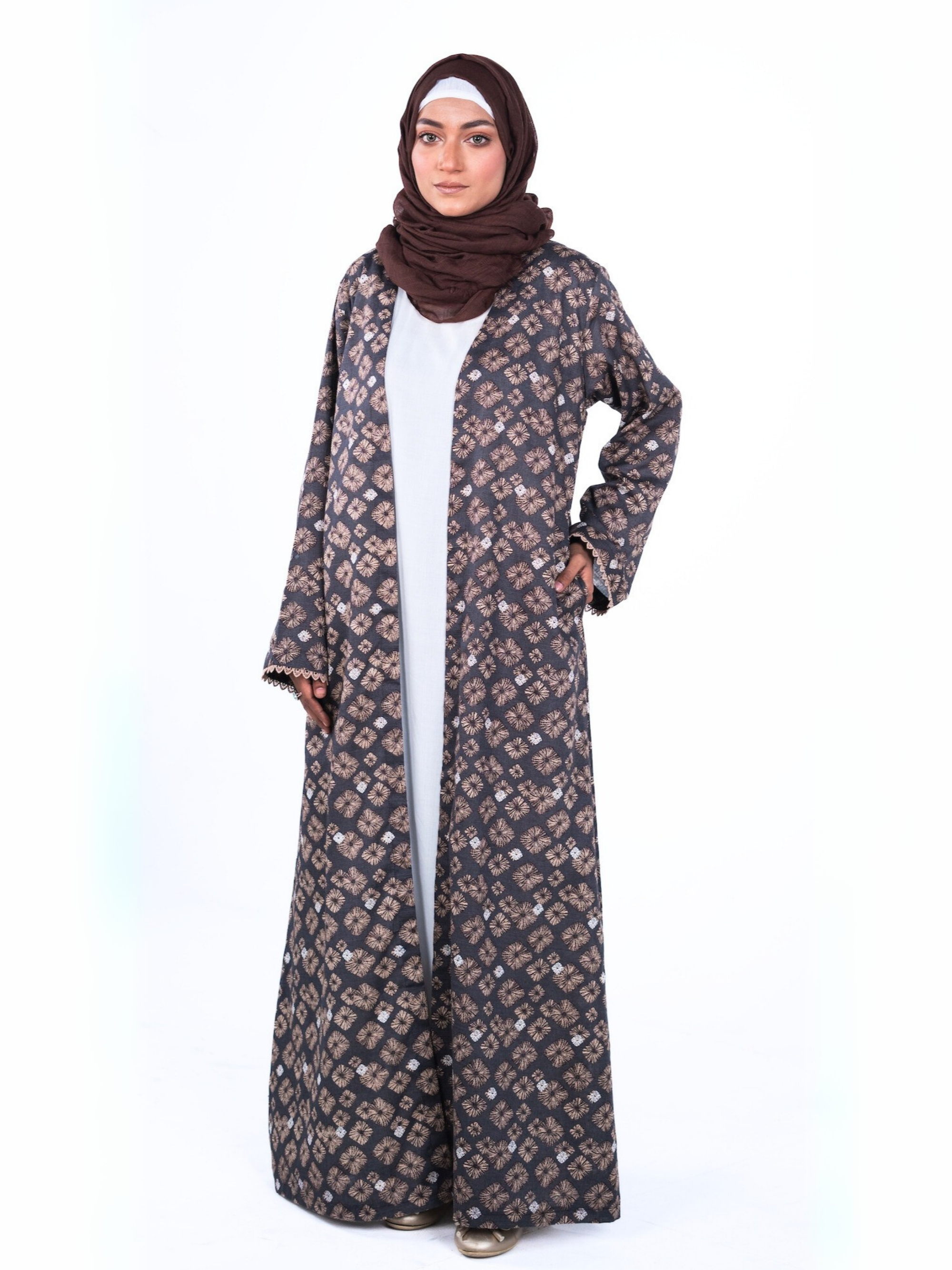 Printed Open Abaya - Brown