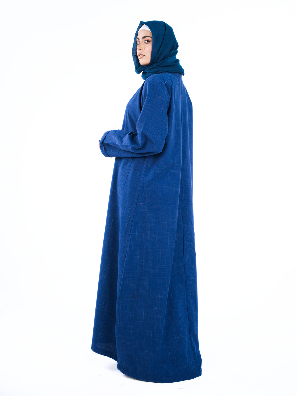 Minimalist Open Abaya – Checked Blue