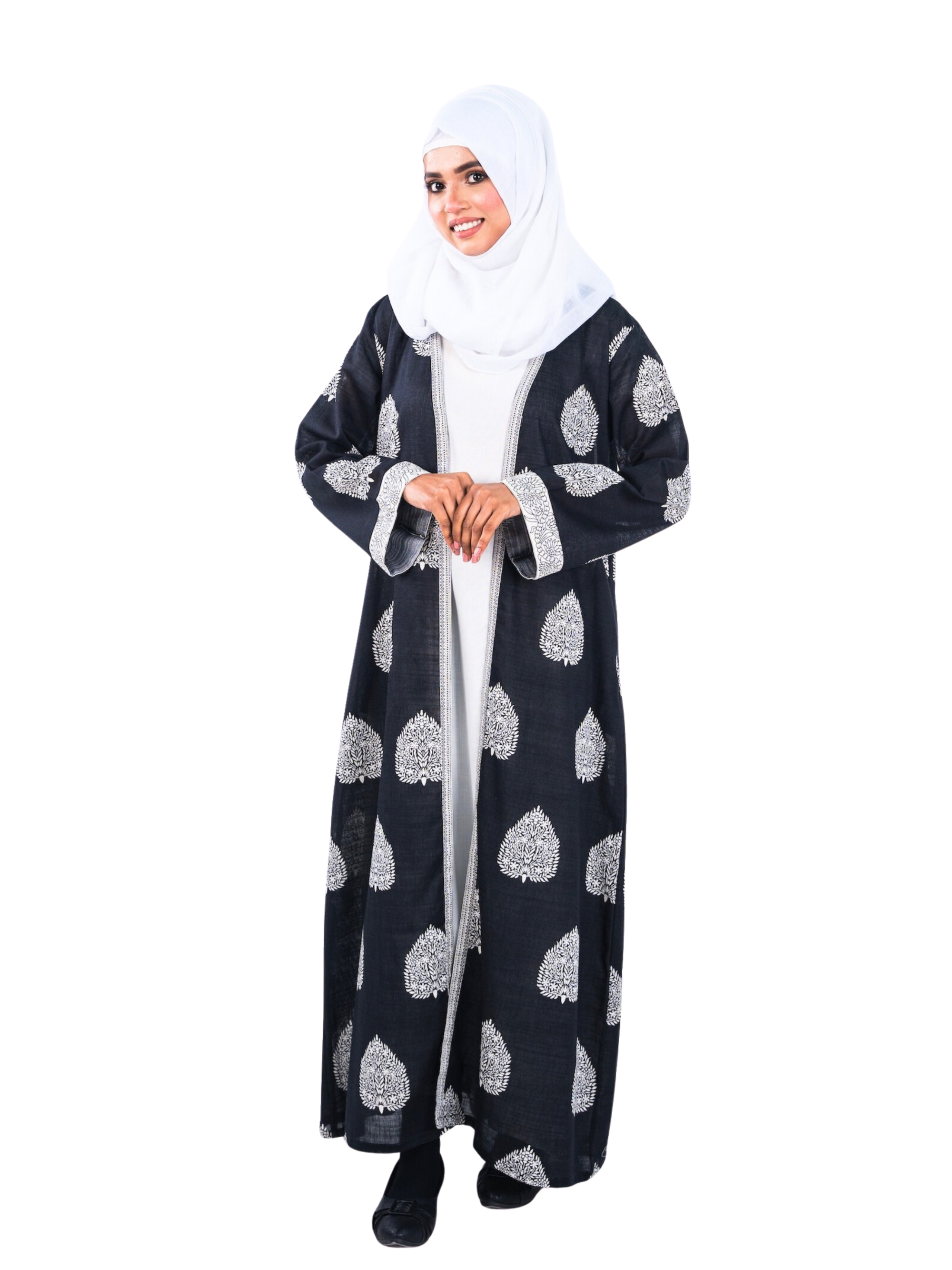 Printed Open Abaya - Black
