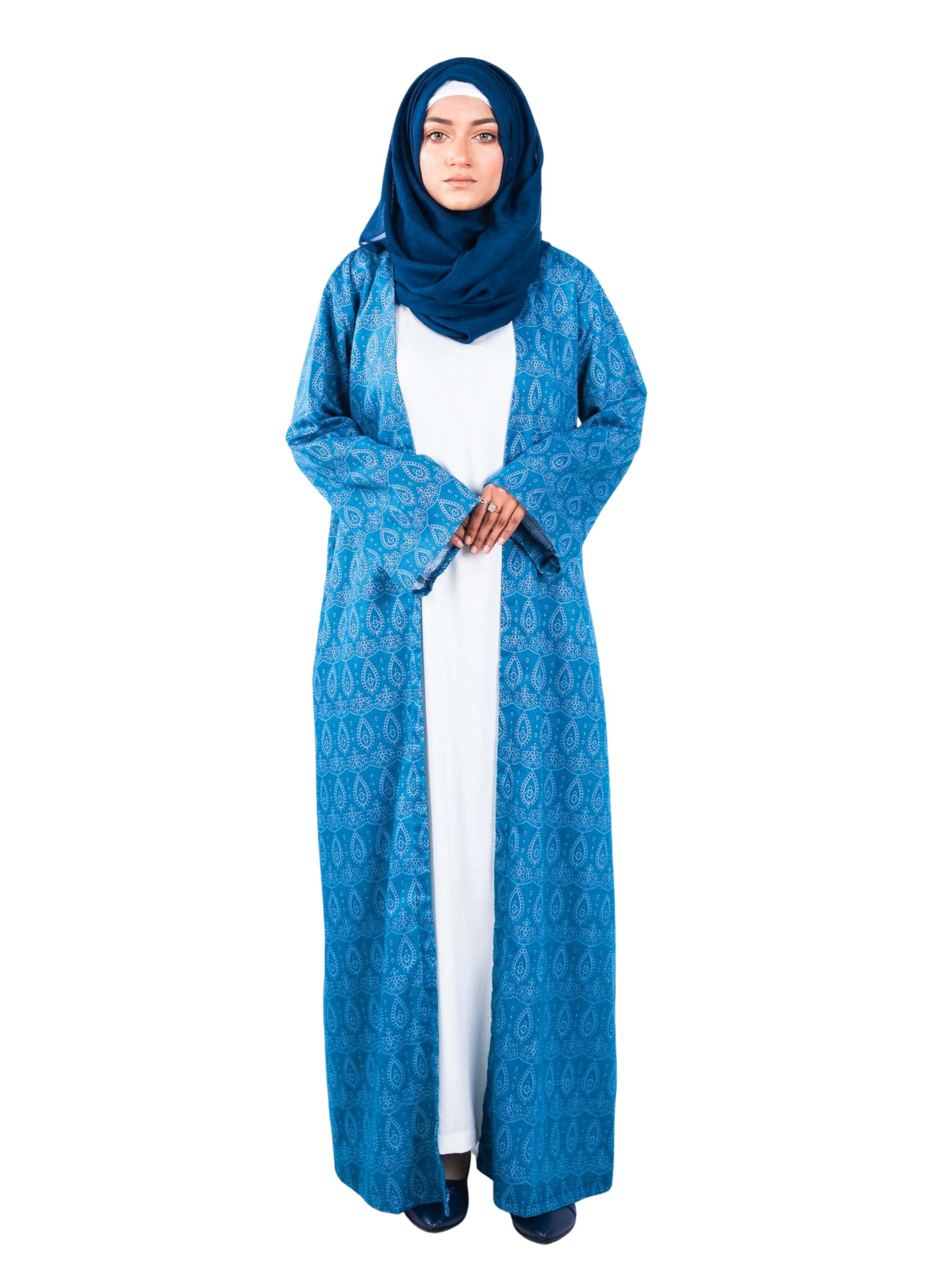 Printed Open Abaya - Sea Blue