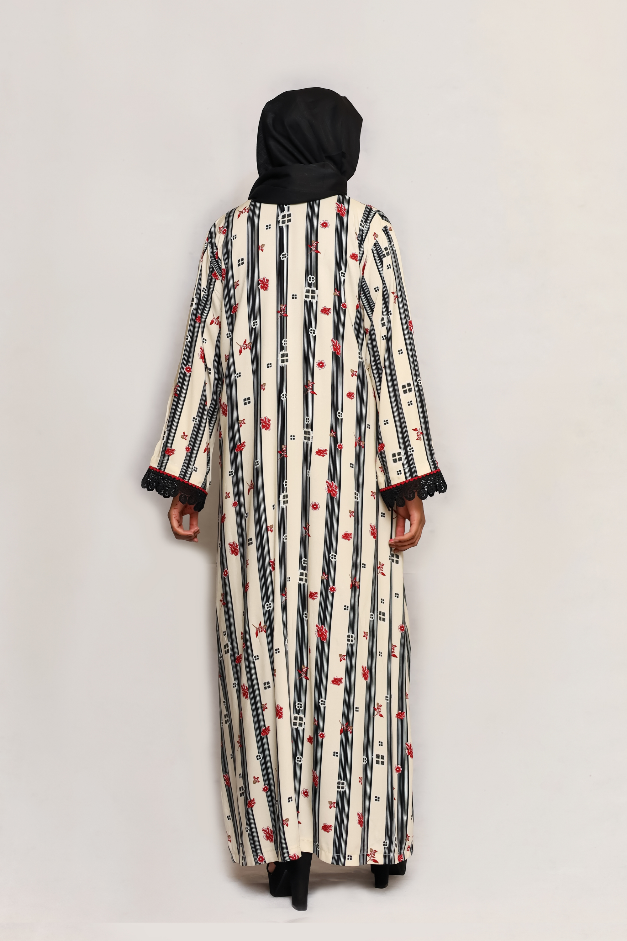 Printed Open Abaya - Crimson Bloom