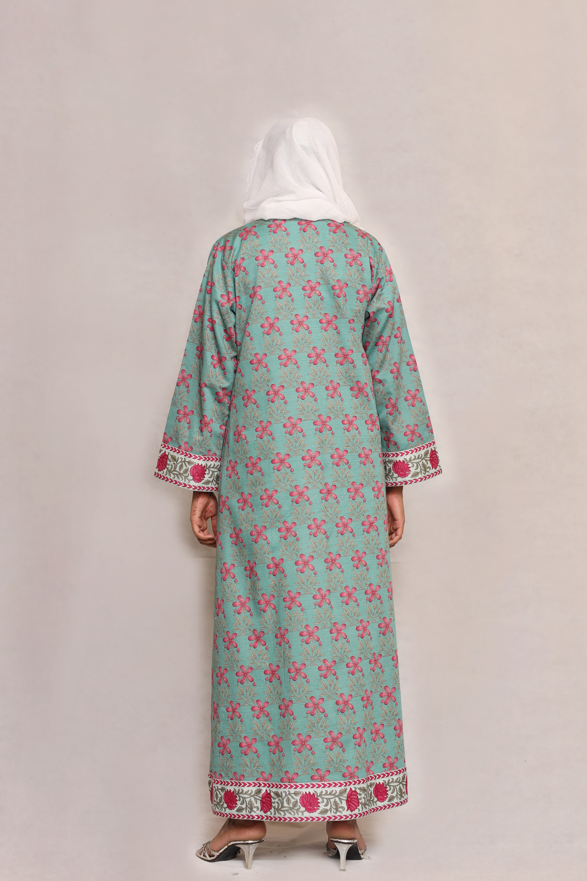Printed Open Abaya -Teal