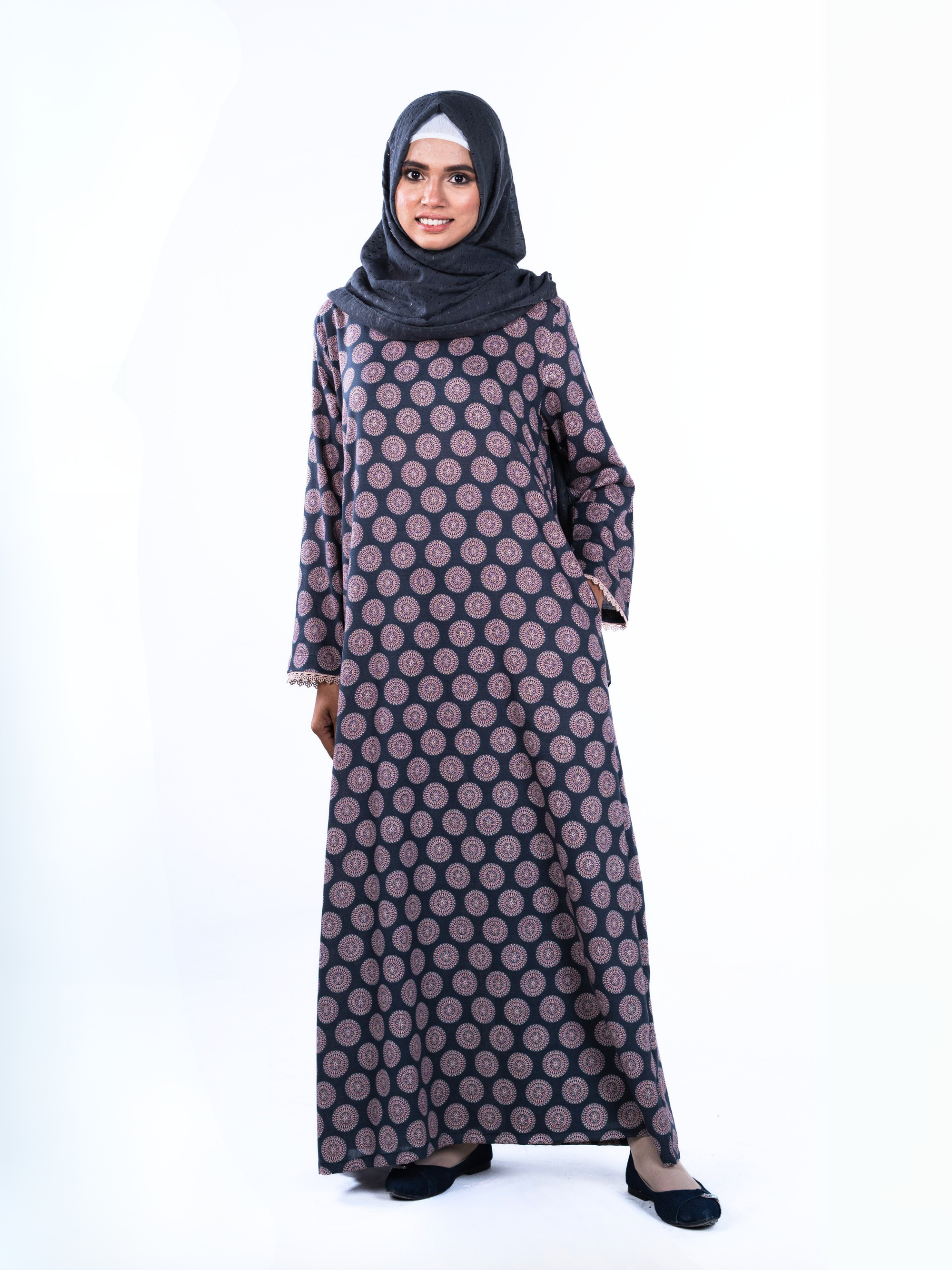 Printed Cotton Abaya – Dark Blue