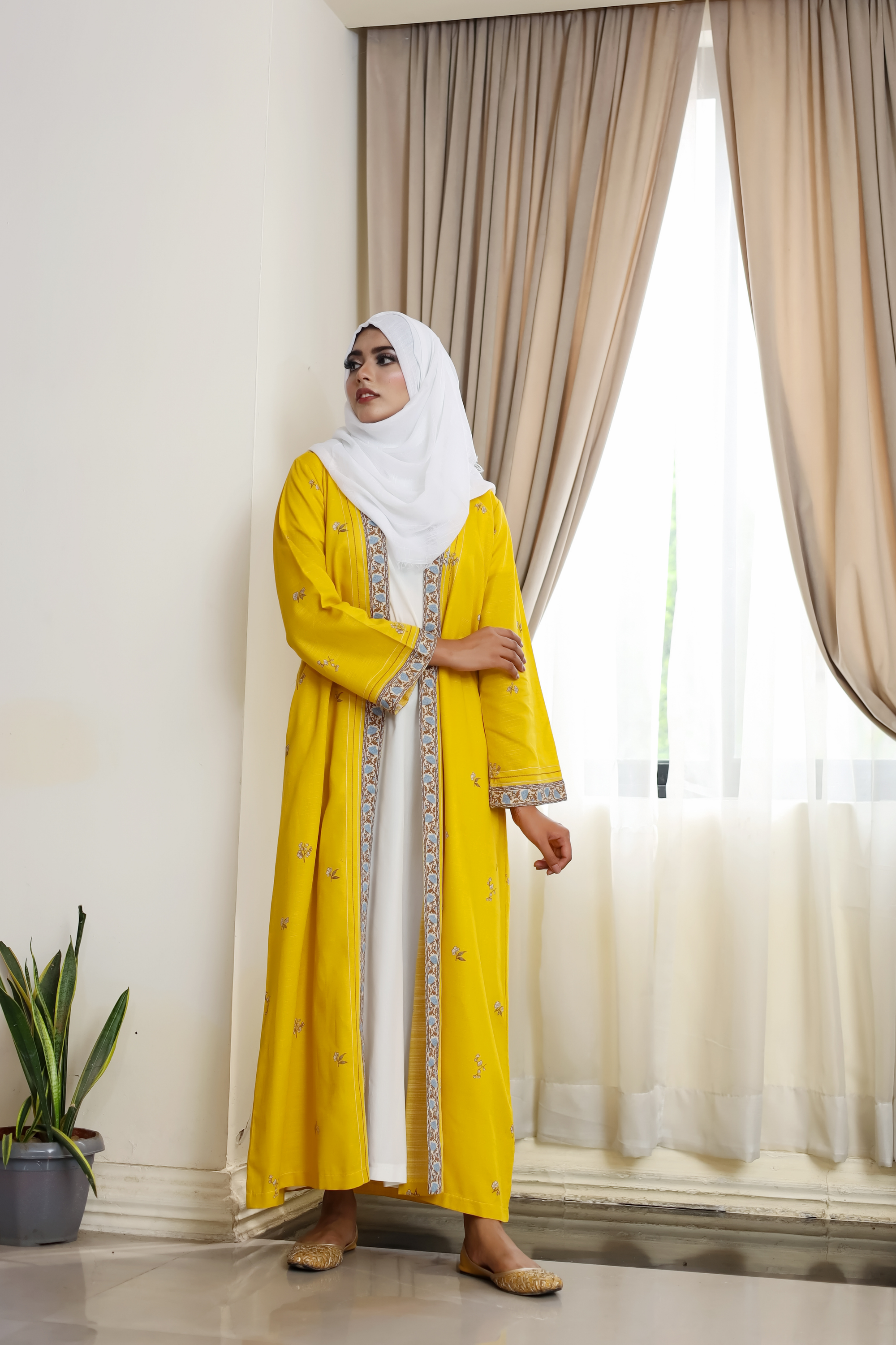 Printed Open Abaya - Yellow